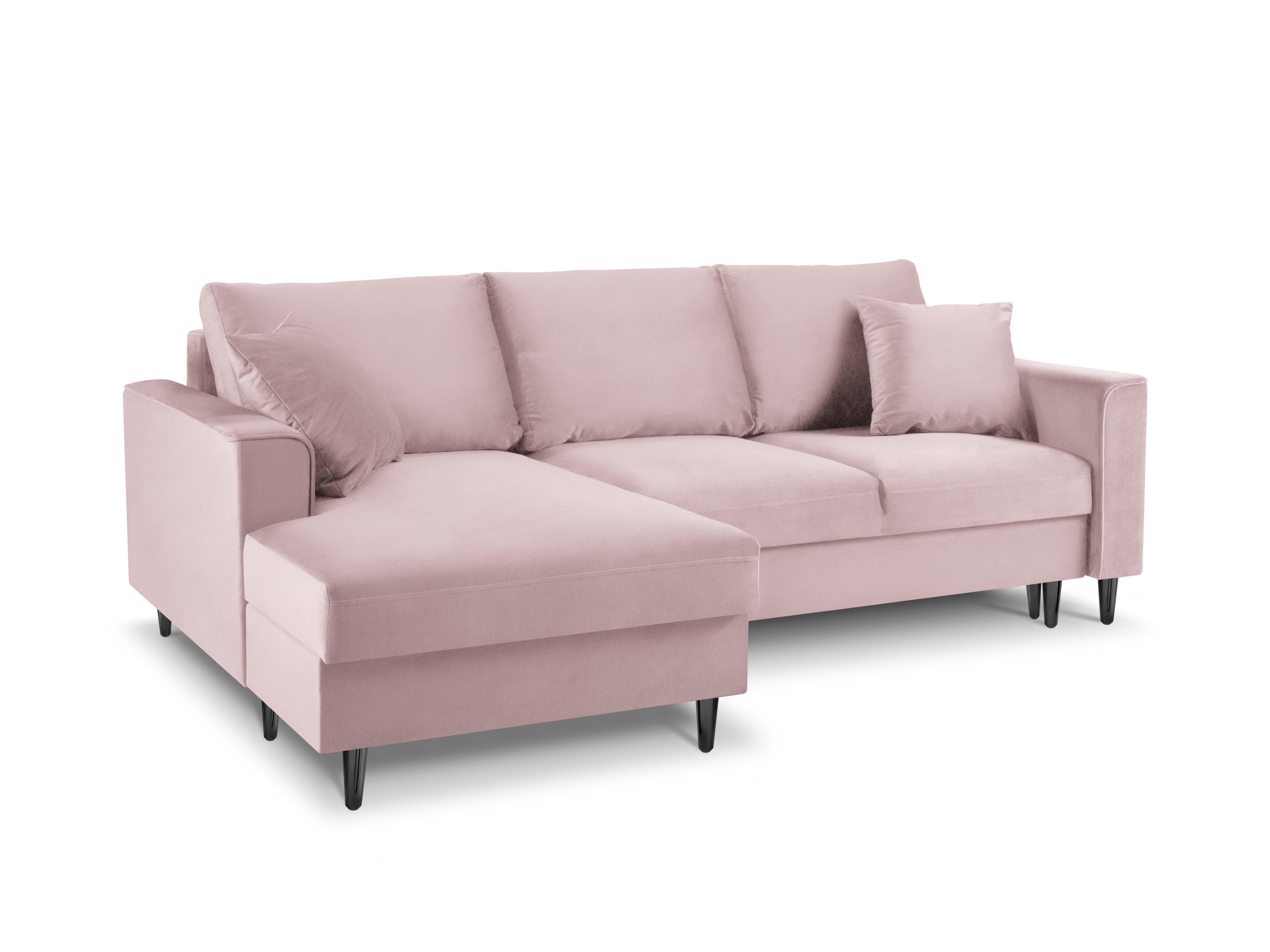 Narożnik lewostronny aksamitny z funkcją spania CARTADERA pudrowy róż z czarną podstawą Mazzini Sofas Eye on Design