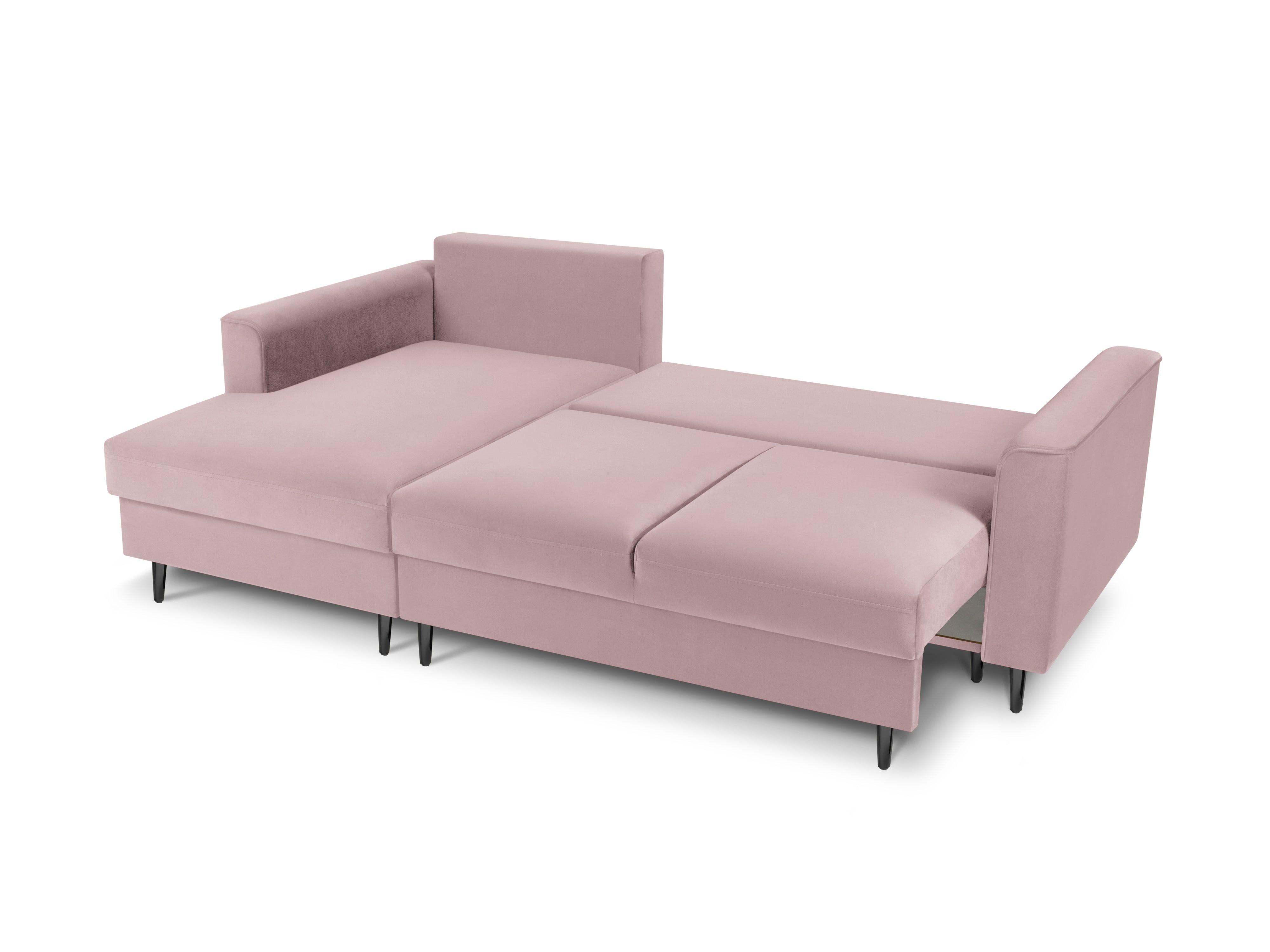 Narożnik lewostronny aksamitny z funkcją spania CARTADERA pudrowy róż z czarną podstawą Mazzini Sofas Eye on Design