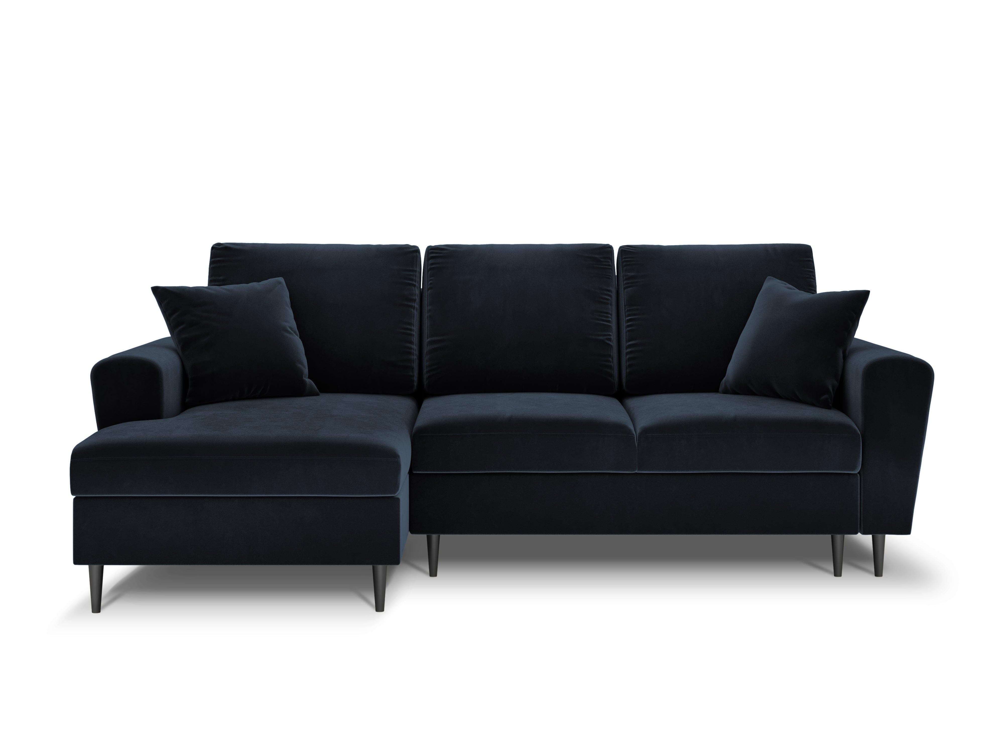 Narożnik lewostronny aksamitny z funkcją spania KYOTO ciemnoniebieski z czarną podstawą Cosmopolitan Design Eye on Design