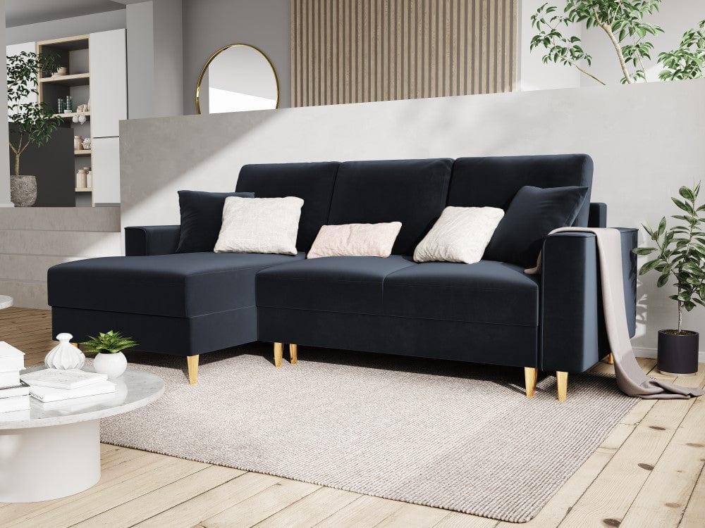 Narożnik lewostronny aksamitny z funkcją spania KYOTO ciemnoniebieski ze złotą podstawą Cosmopolitan Design Eye on Design