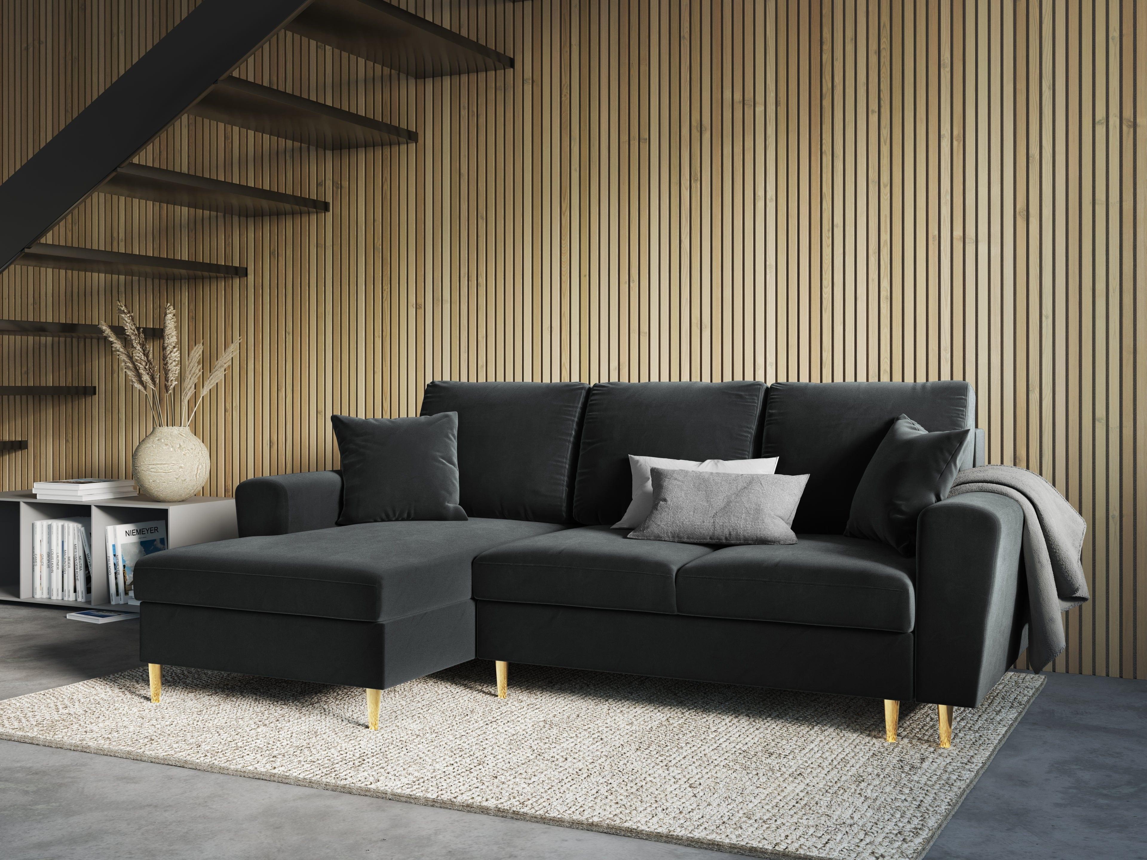 Narożnik lewostronny aksamitny z funkcją spania KYOTO ciemnoszary ze złotą podstawą Cosmopolitan Design Eye on Design