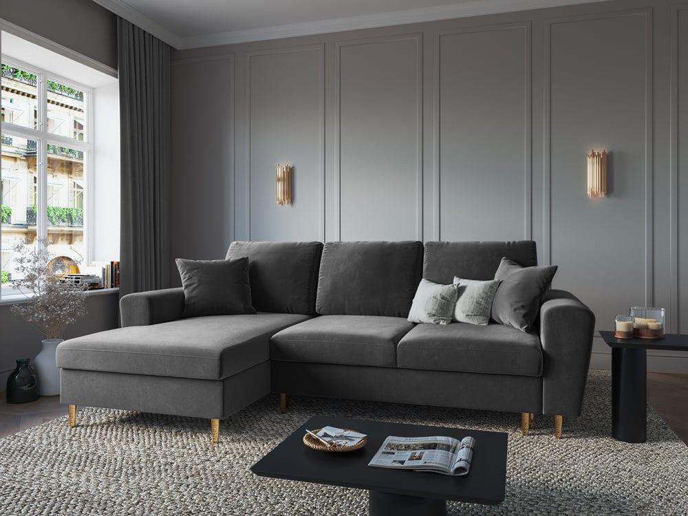Narożnik lewostronny aksamitny z funkcją spania KYOTO jasnoszary ze złotą podstawą Cosmopolitan Design Eye on Design
