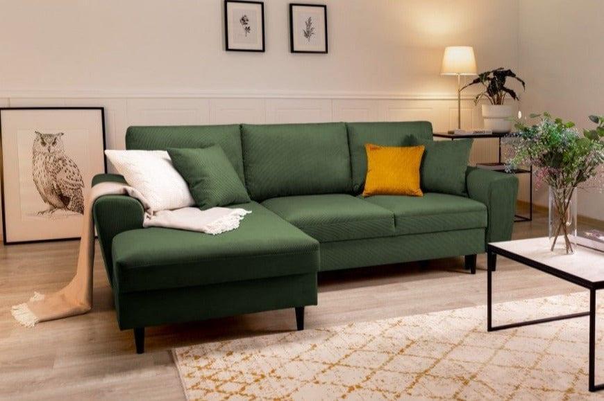 Narożnik lewostronny sztruksowy z funkcją spania KYOTO ciemnozielony Cosmopolitan Design Eye on Design