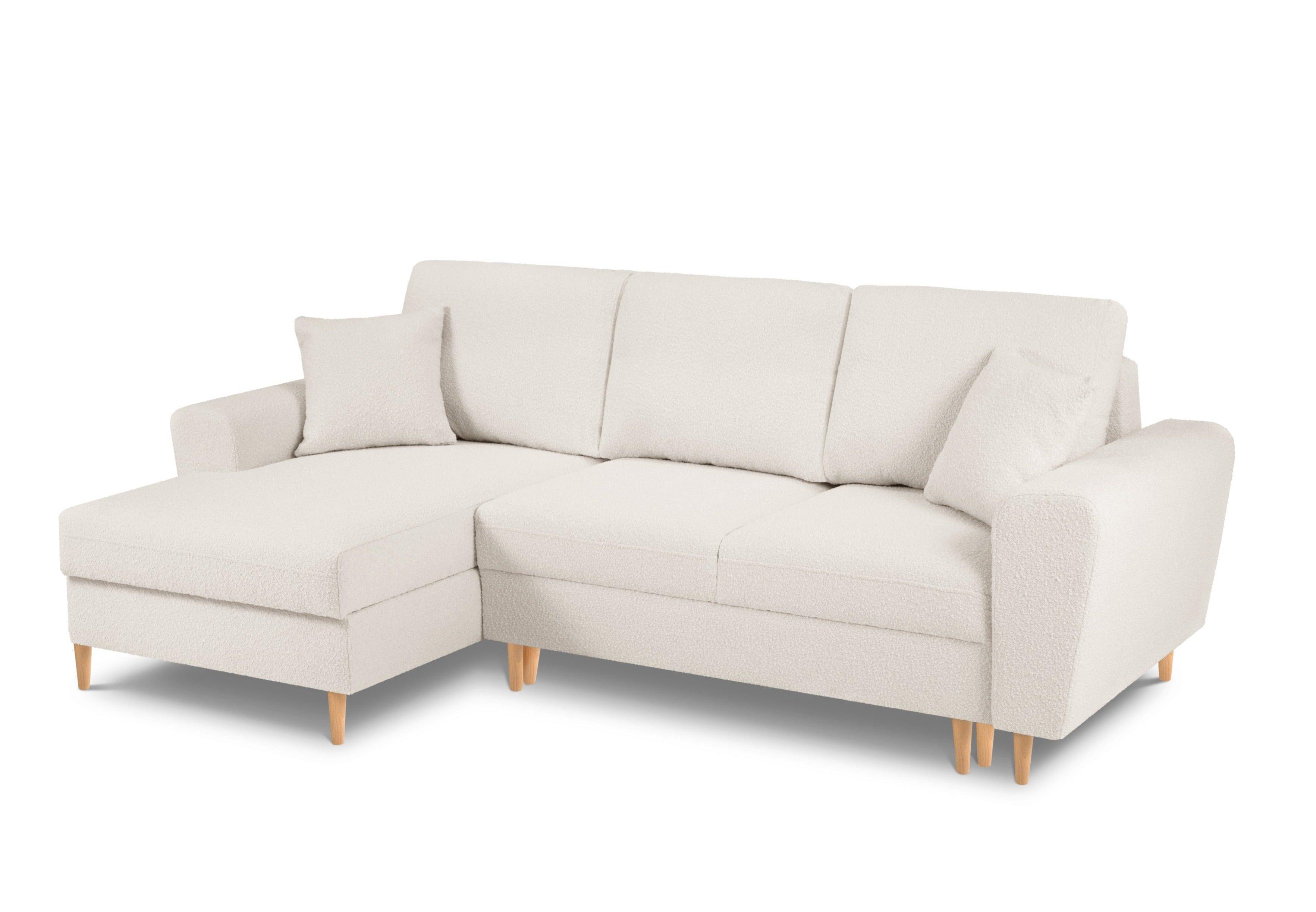 Narożnik lewostronny z funkcją spania KYOTO beżowy bouclé z drewnianą podstawą Cosmopolitan Design Eye on Design