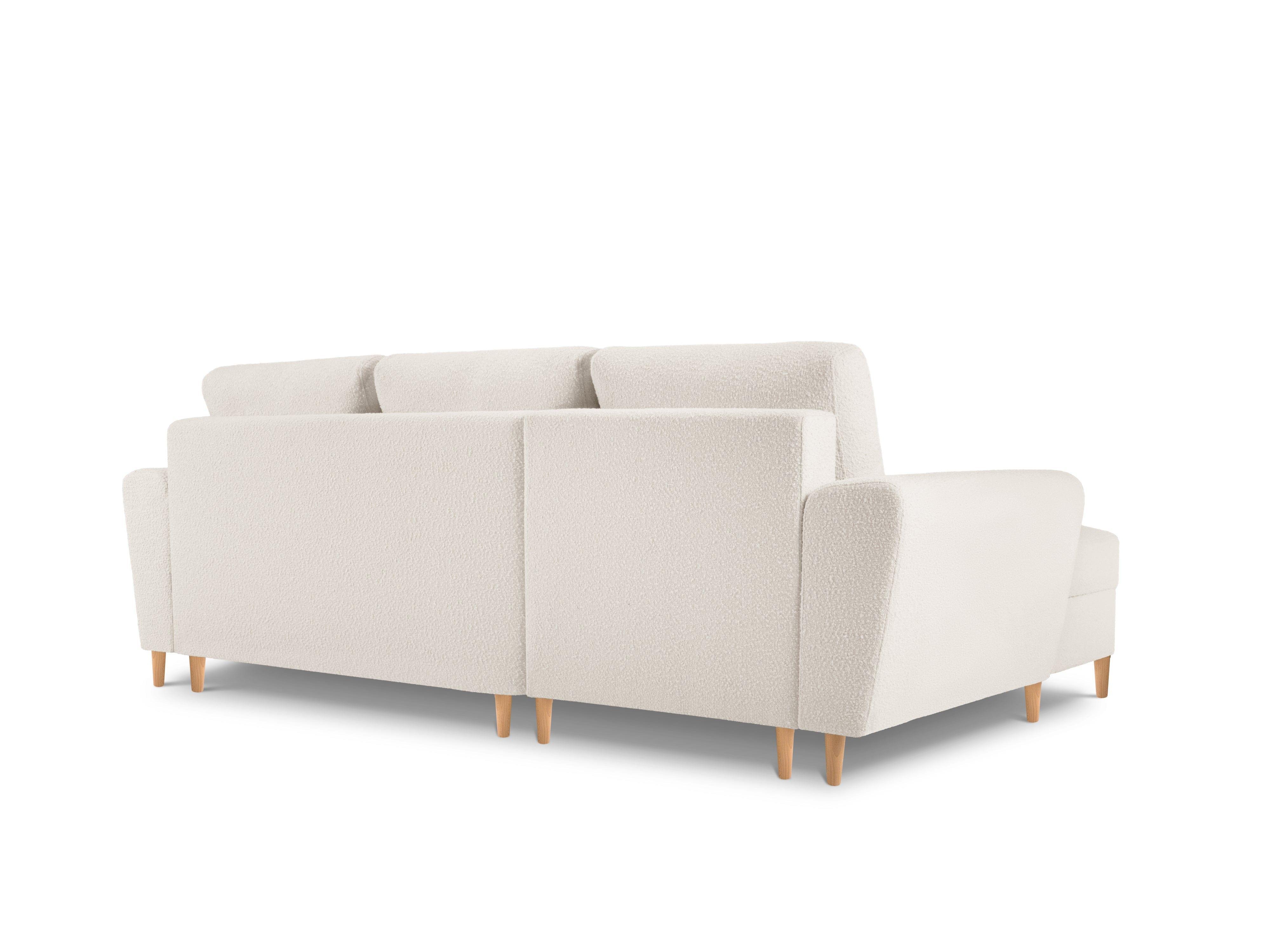 Narożnik lewostronny z funkcją spania KYOTO beżowy bouclé z drewnianą podstawą Cosmopolitan Design Eye on Design