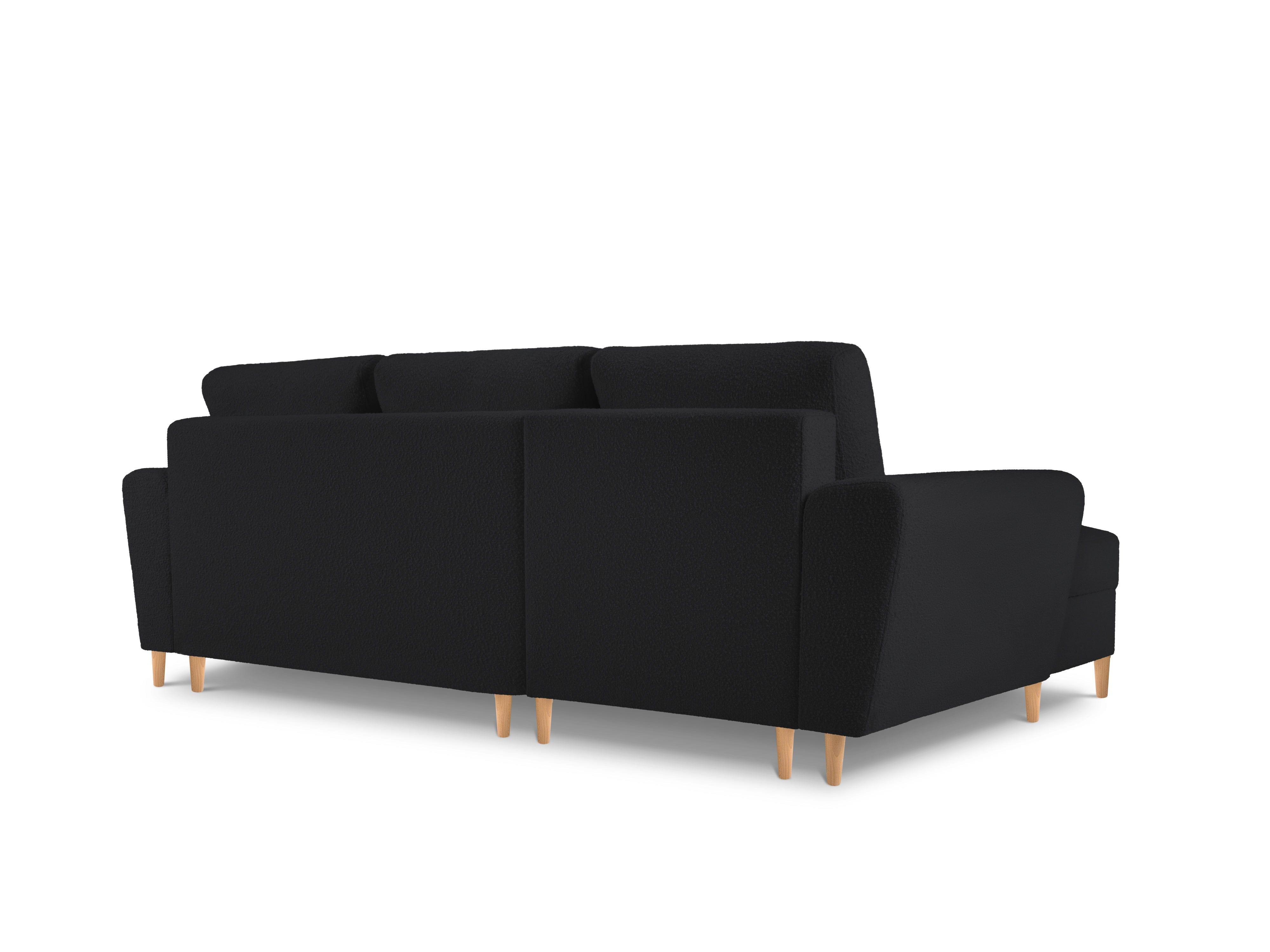 Narożnik lewostronny z funkcją spania KYOTO czarny bouclé z drewnianą podstawą Cosmopolitan Design Eye on Design