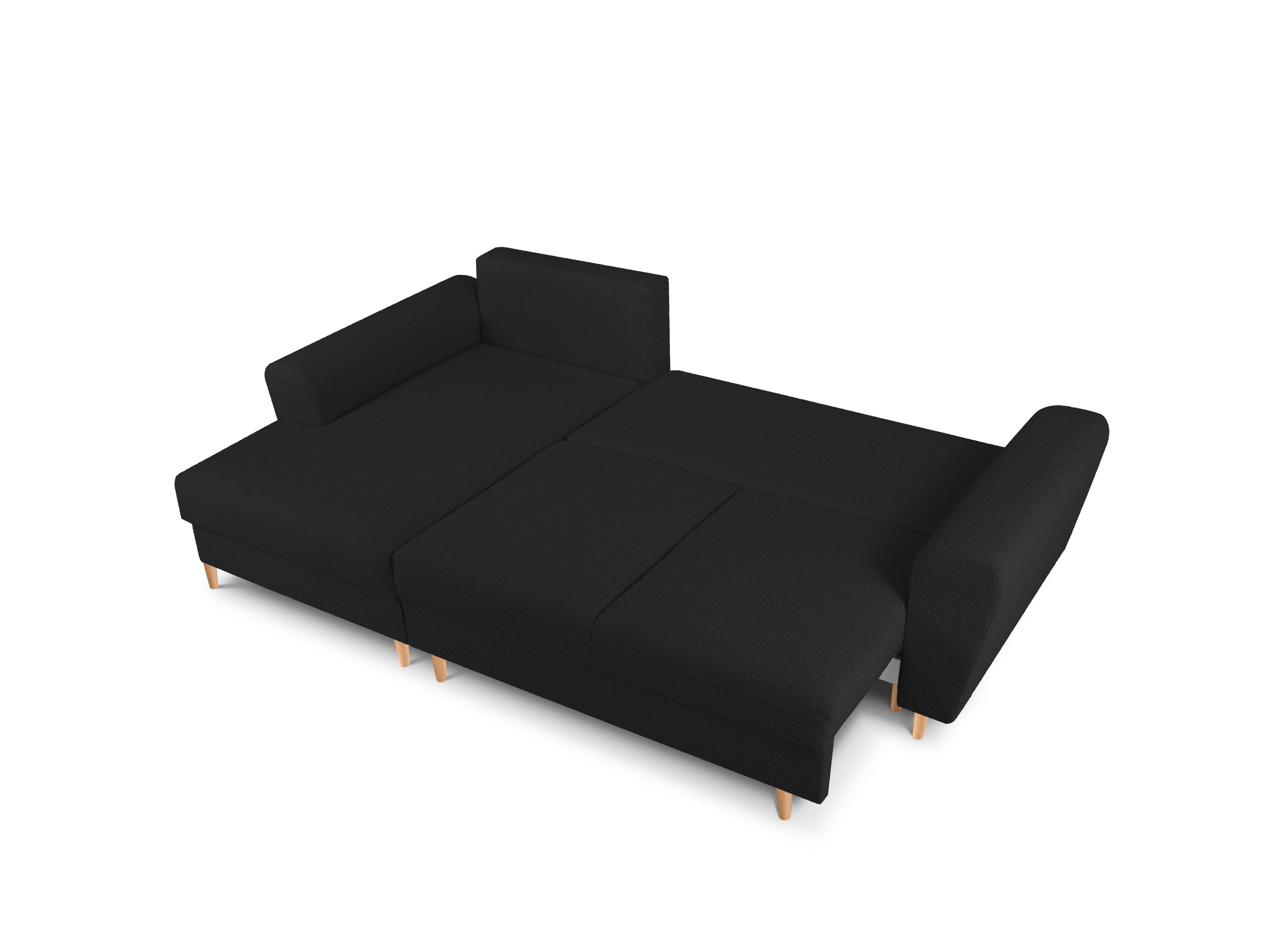 Narożnik lewostronny z funkcją spania KYOTO czarny bouclé z drewnianą podstawą Cosmopolitan Design Eye on Design