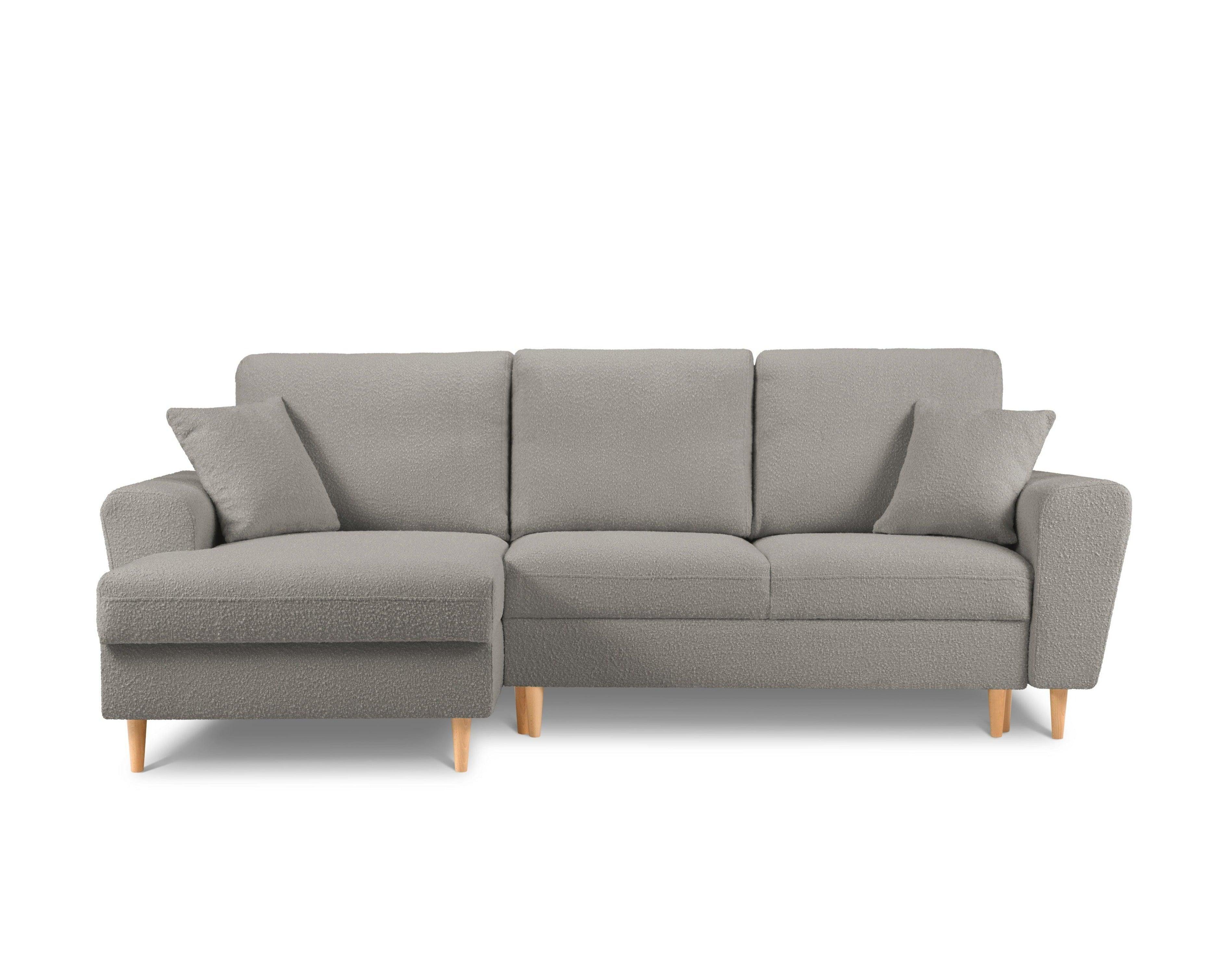 Narożnik lewostronny z funkcją spania KYOTO szary bouclé z drewnianą podstawą Cosmopolitan Design Eye on Design