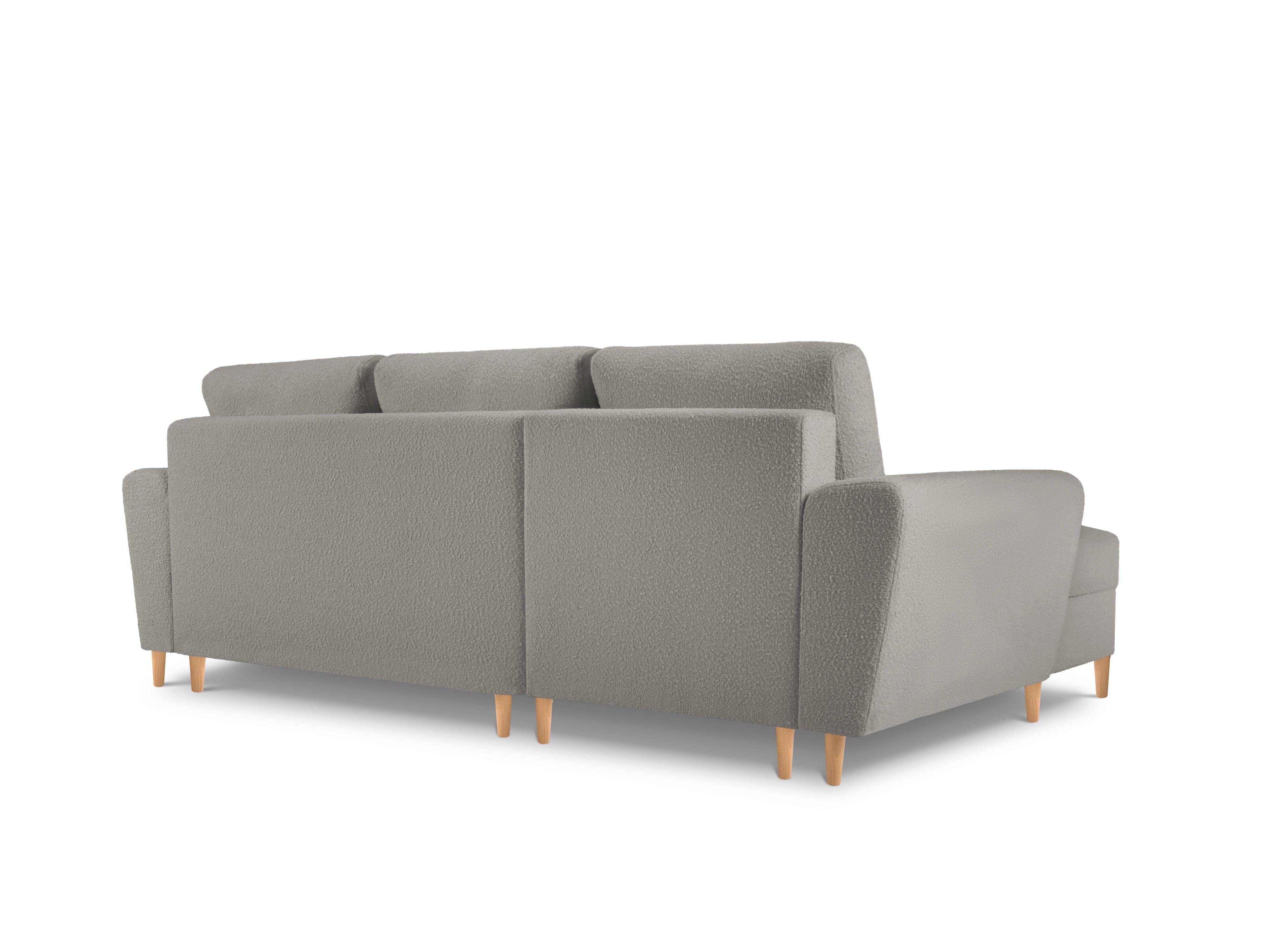 Narożnik lewostronny z funkcją spania KYOTO szary bouclé z drewnianą podstawą Cosmopolitan Design Eye on Design