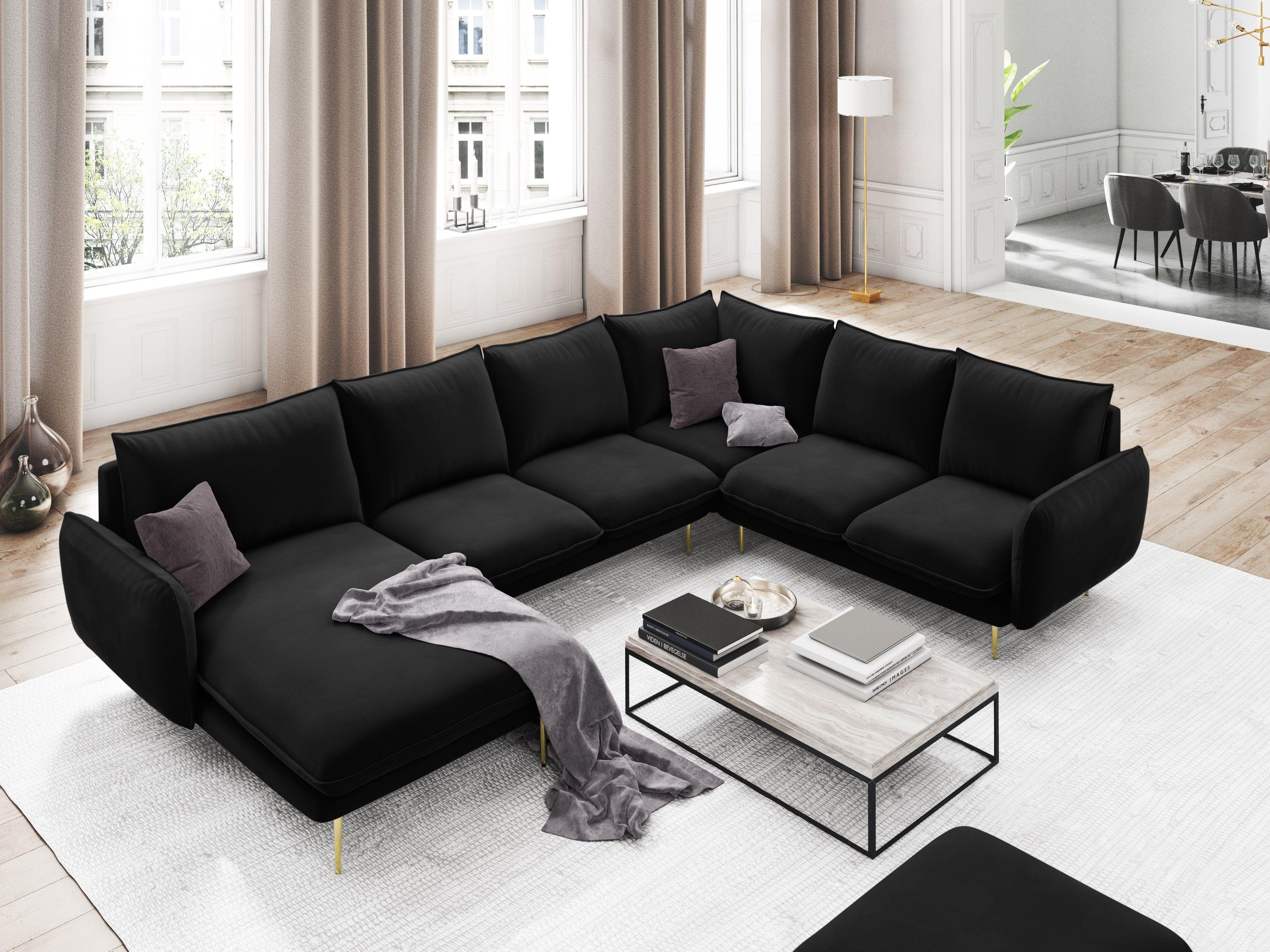 Narożnik prawostronny aksamitny panoramiczny VIENNA czarny ze złotą podstawą Cosmopolitan Design Eye on Design