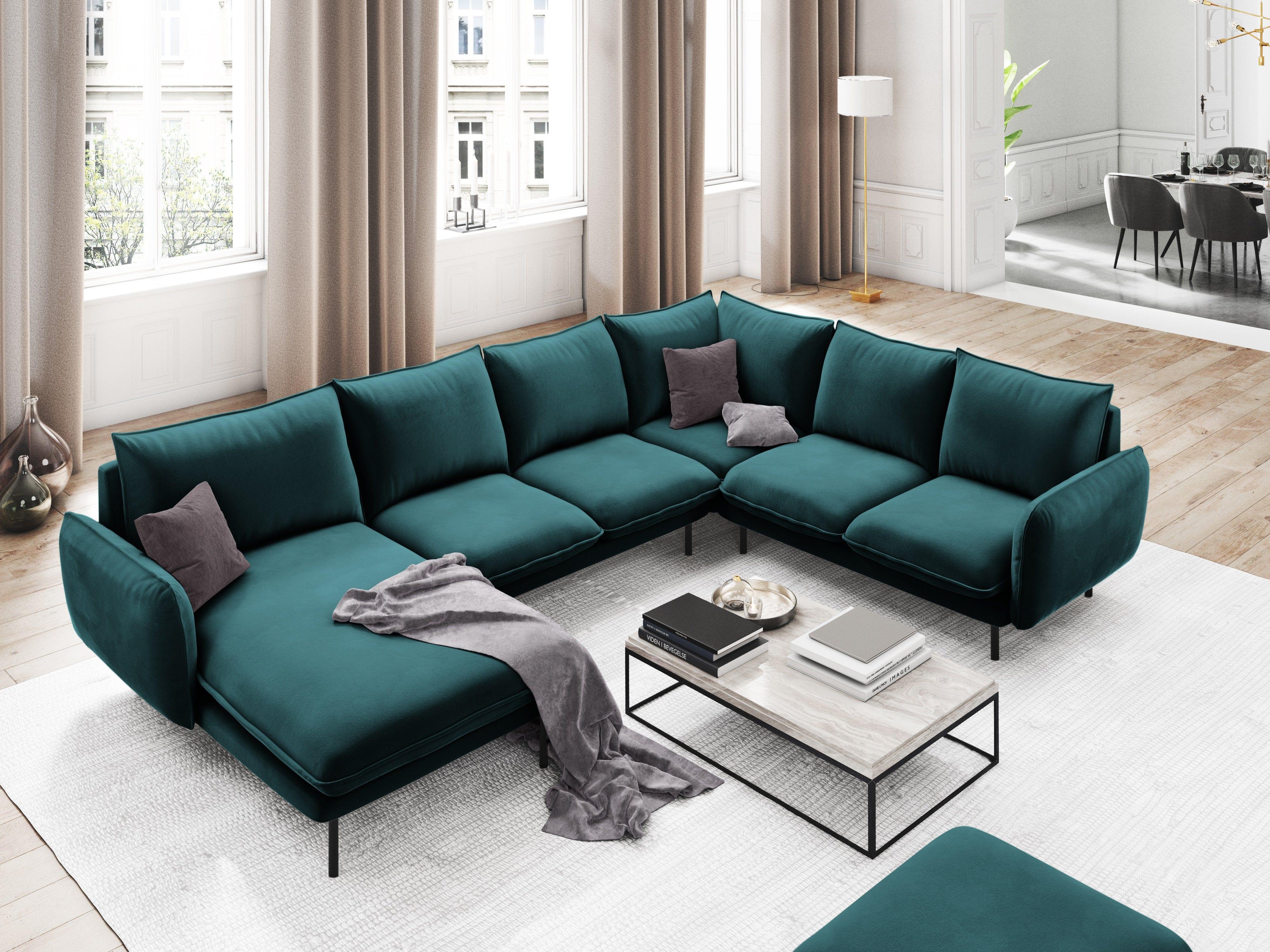 Narożnik prawostronny aksamitny panoramiczny VIENNA morski z czarną podstawą Cosmopolitan Design Eye on Design