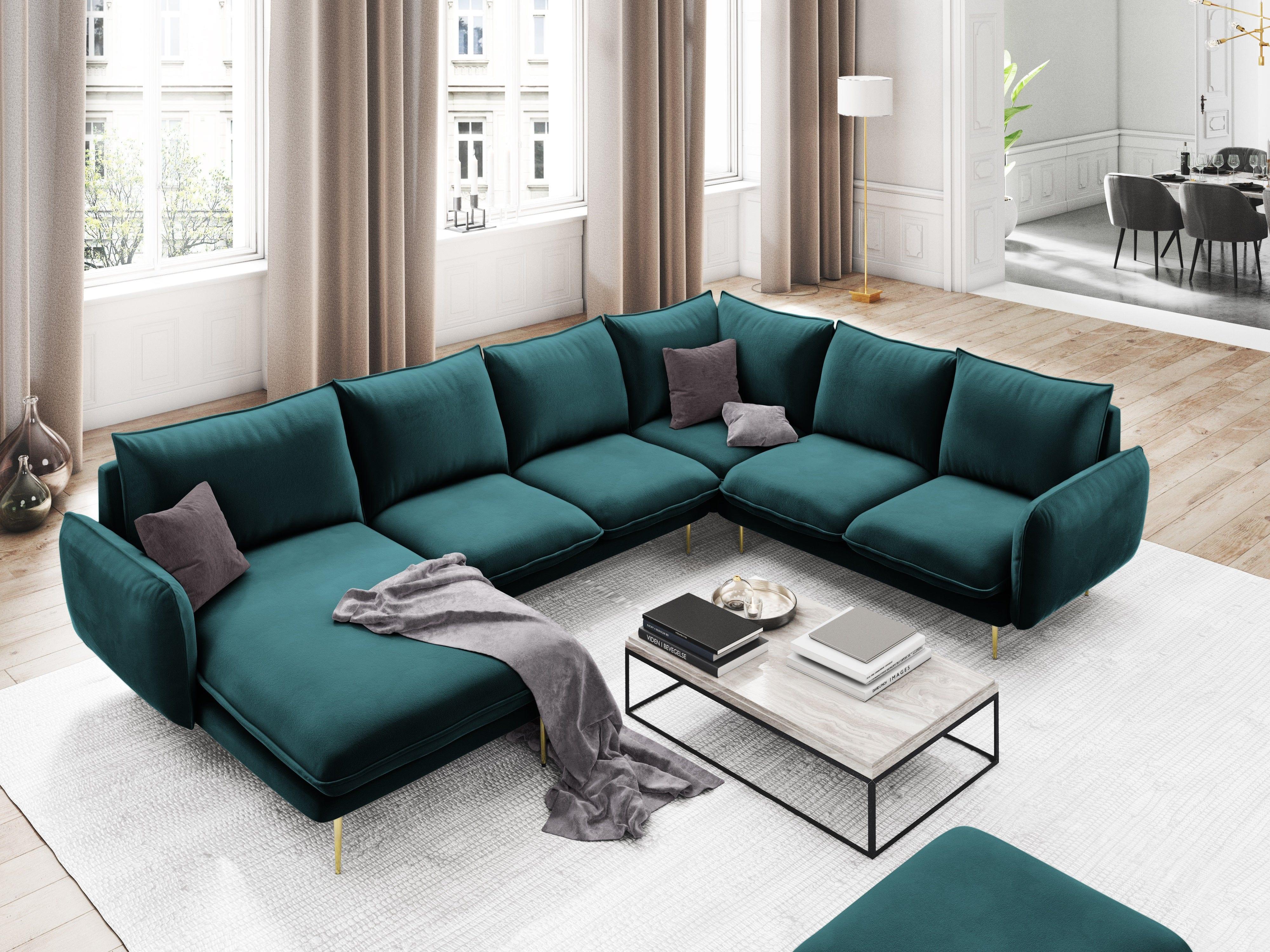 Narożnik prawostronny aksamitny panoramiczny VIENNA morski ze złotą podstawą Cosmopolitan Design Eye on Design
