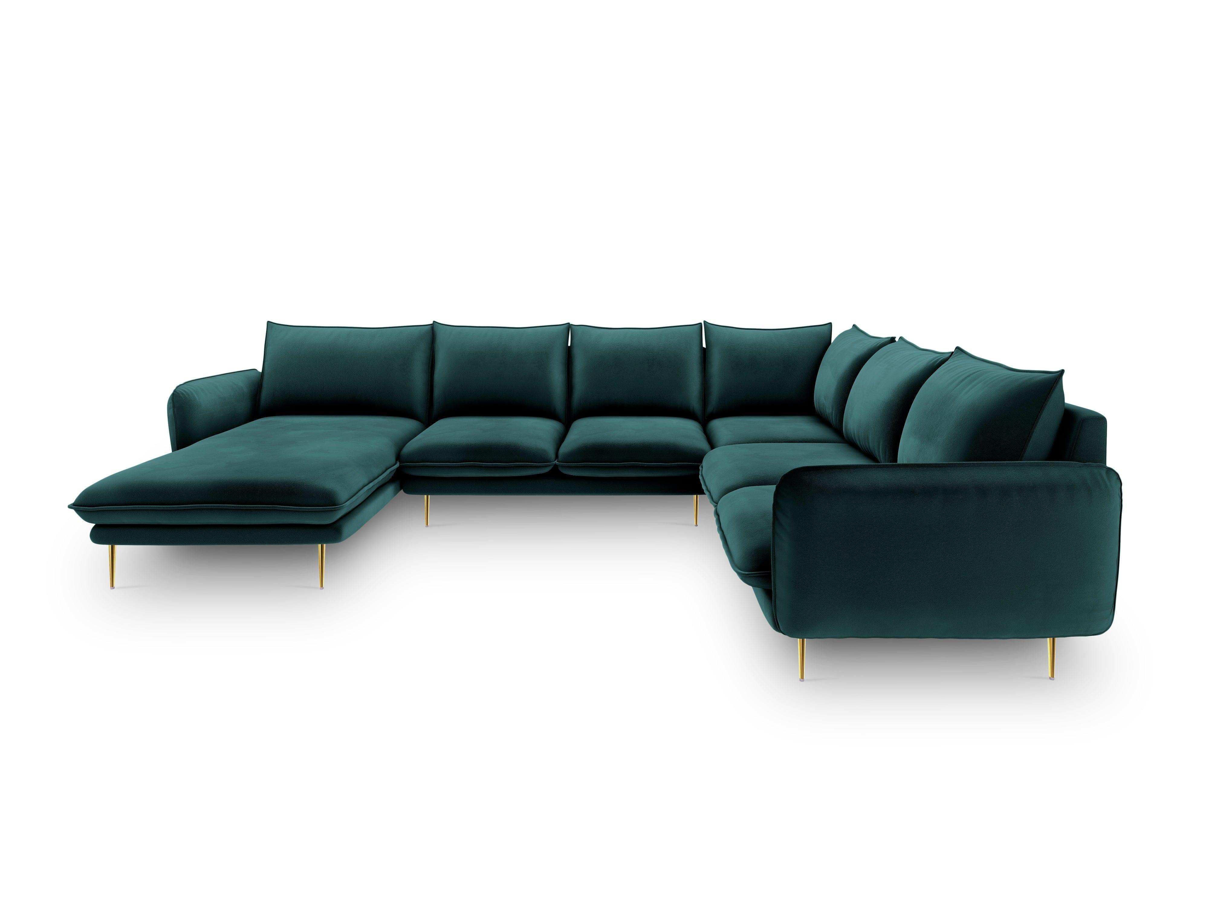 Narożnik prawostronny aksamitny panoramiczny VIENNA morski ze złotą podstawą Cosmopolitan Design Eye on Design