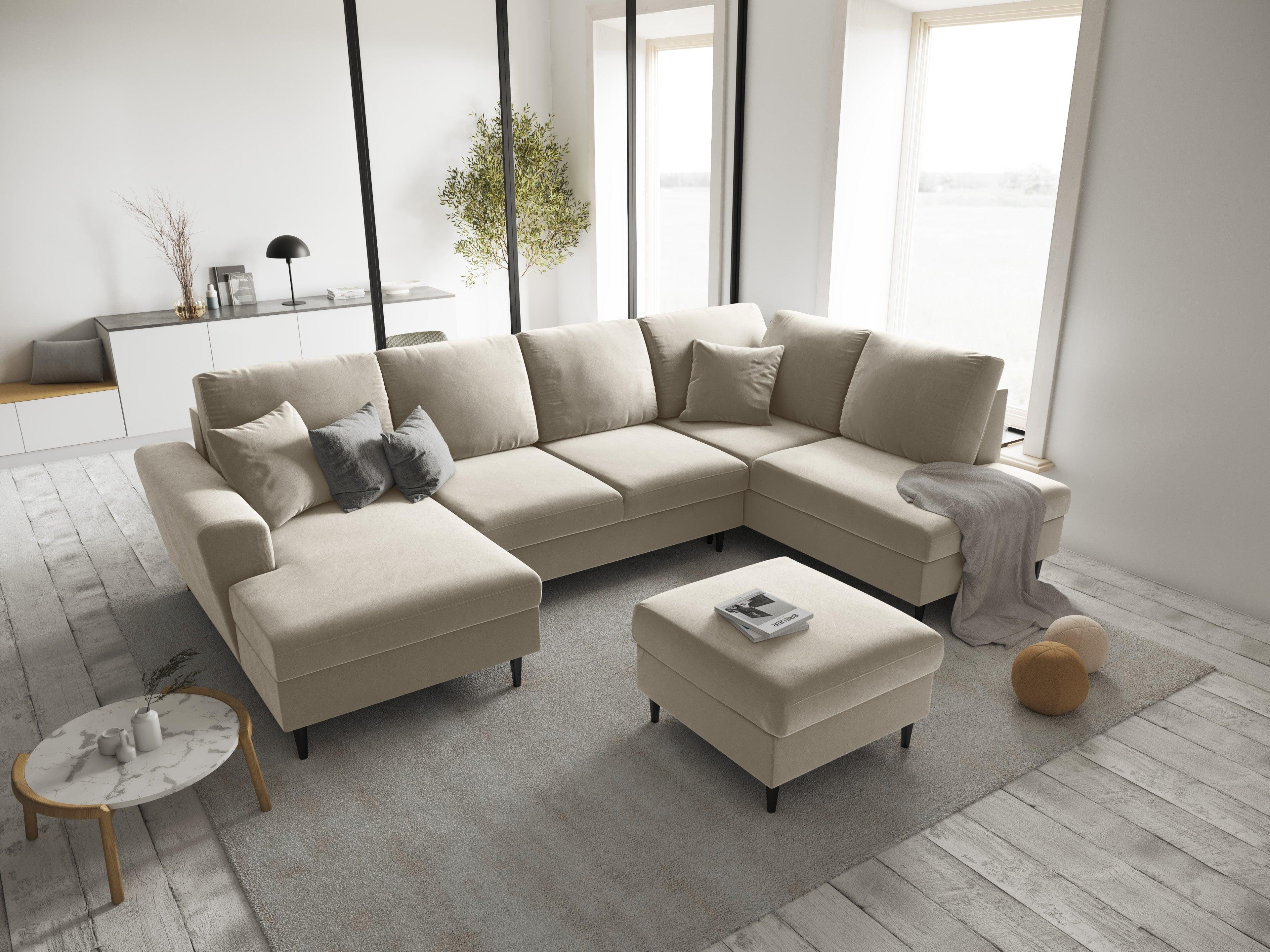 Narożnik prawostronny aksamitny panoramiczny z funkcją spania KYOTO beżowy z czarną podstawą Cosmopolitan Design Eye on Design