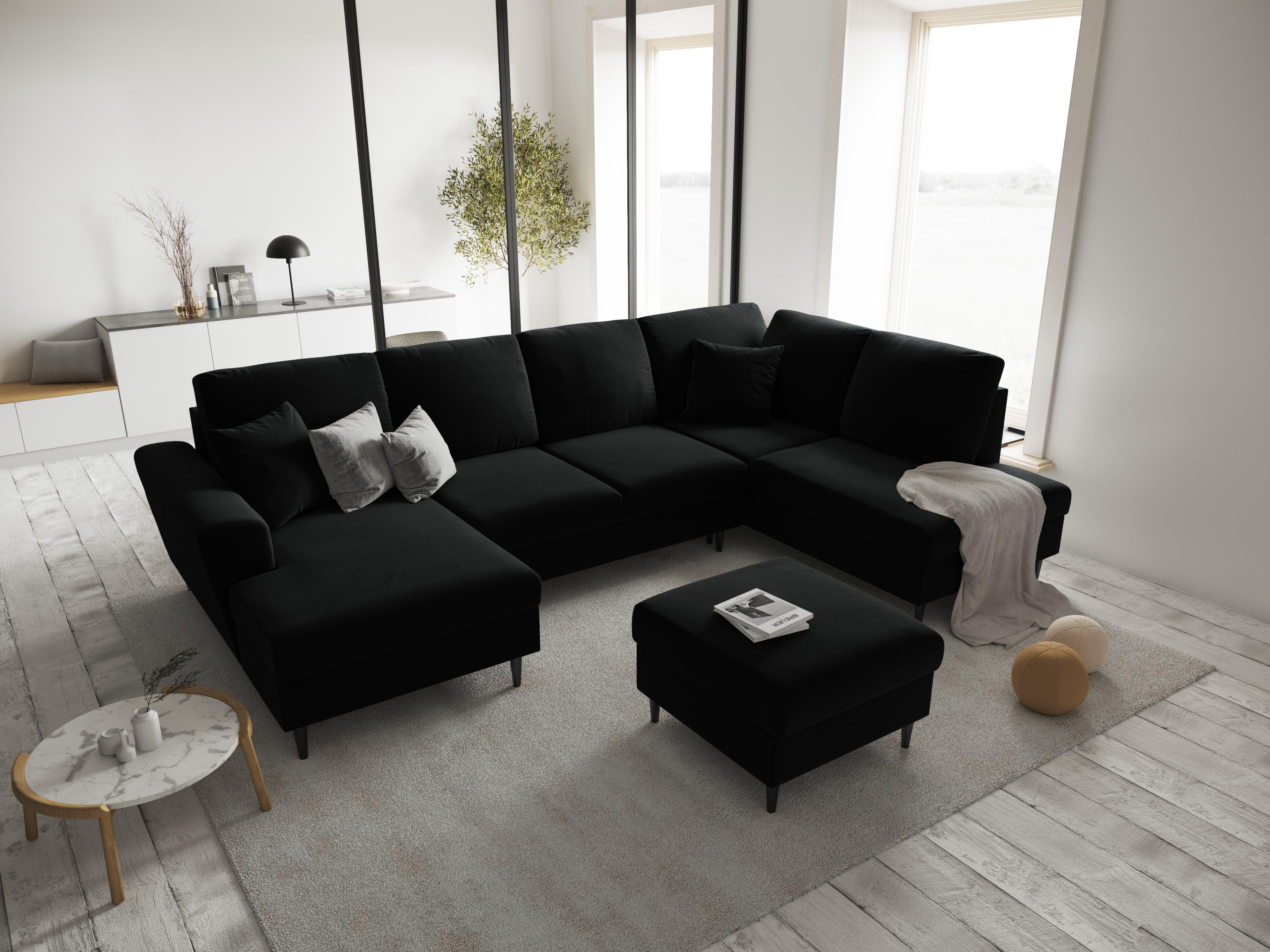Narożnik prawostronny aksamitny panoramiczny z funkcją spania KYOTO czarny z czarną podstawą Cosmopolitan Design Eye on Design