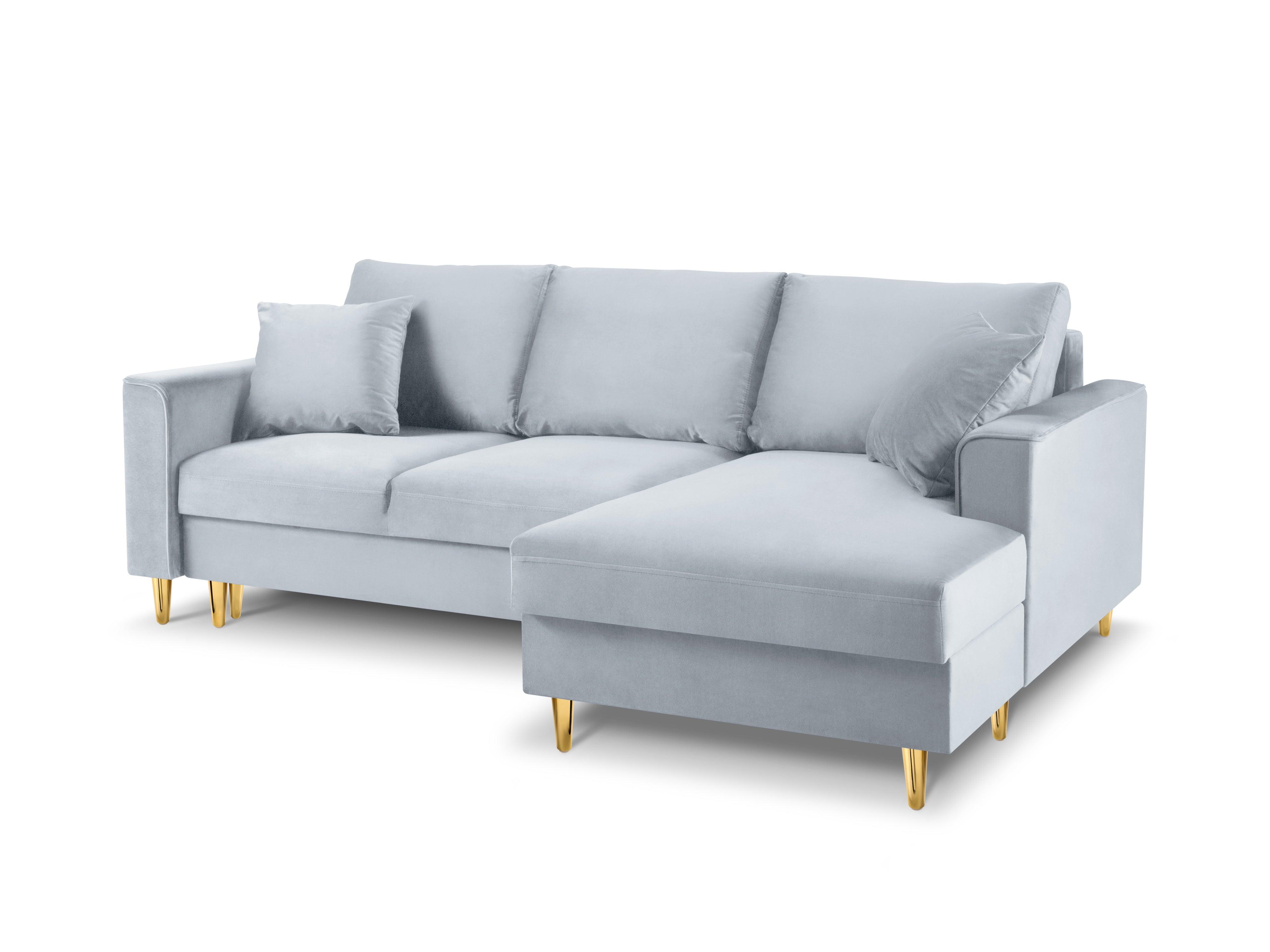 Narożnik prawostronny aksamitny z funkcją spania CARTADERA błękitny ze złotą podstawą Mazzini Sofas Eye on Design