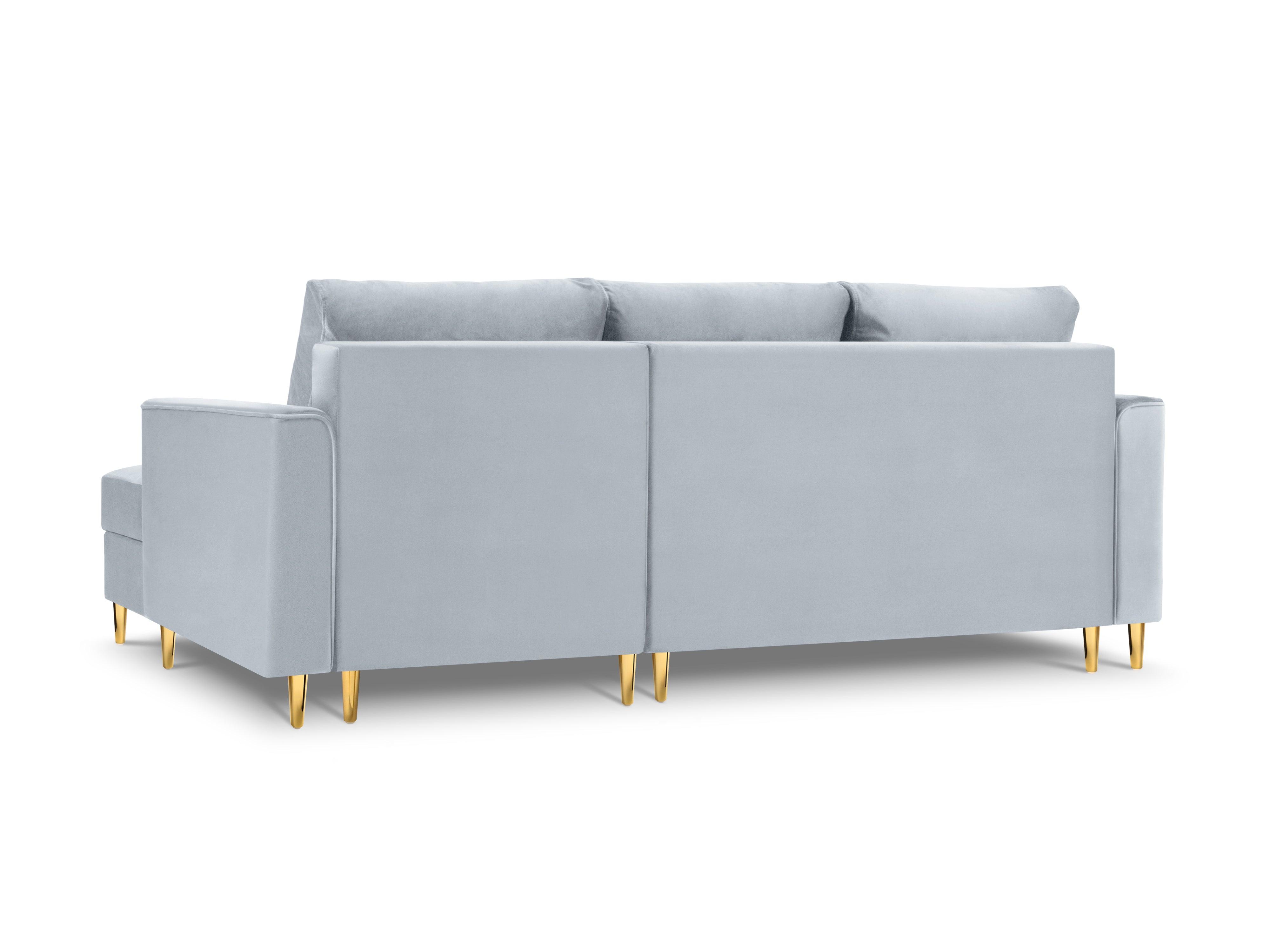 Narożnik prawostronny aksamitny z funkcją spania CARTADERA błękitny ze złotą podstawą Mazzini Sofas Eye on Design