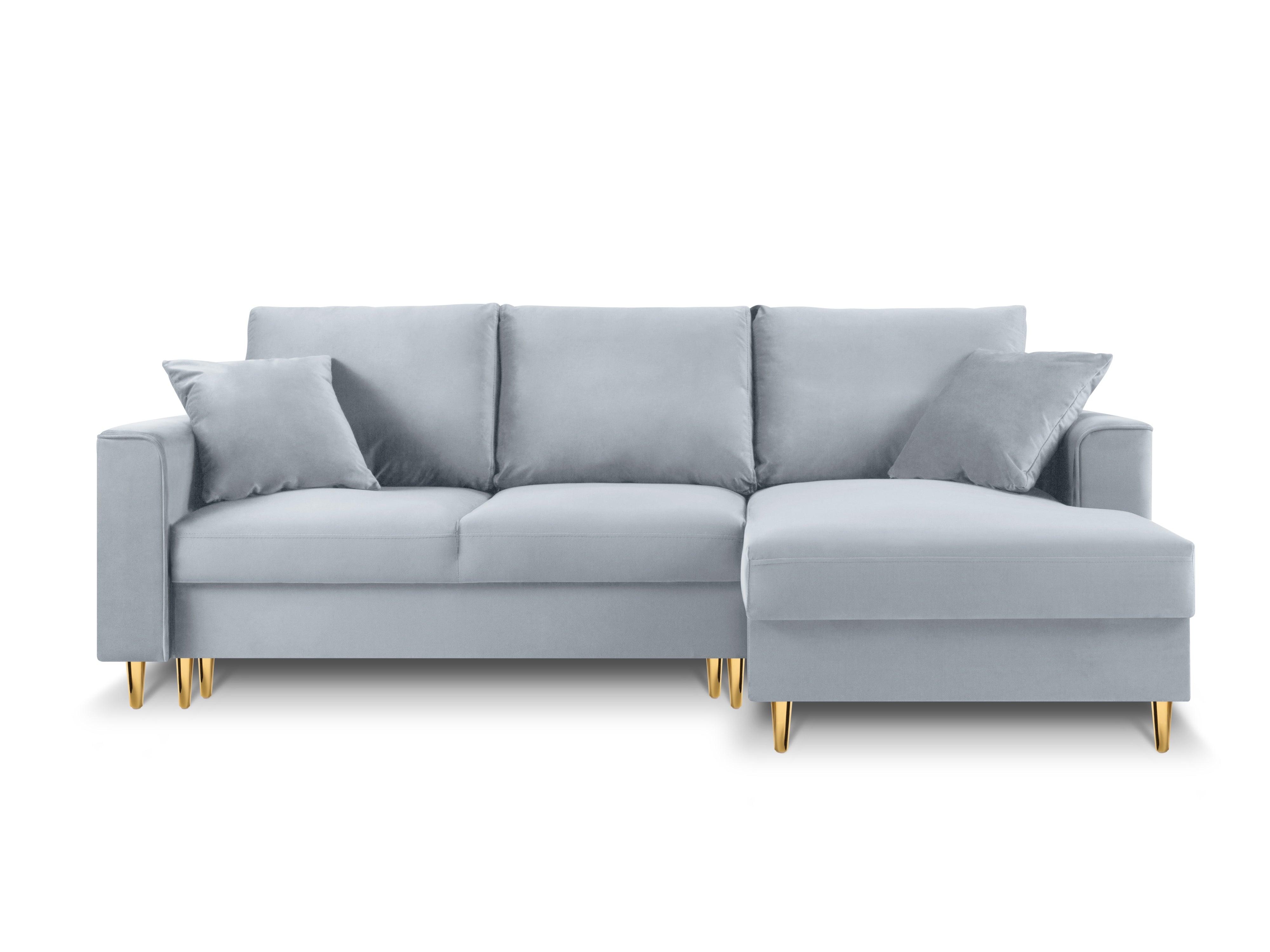 Narożnik prawostronny aksamitny z funkcją spania CARTADERA błękitny ze złotą podstawą Mazzini Sofas Eye on Design