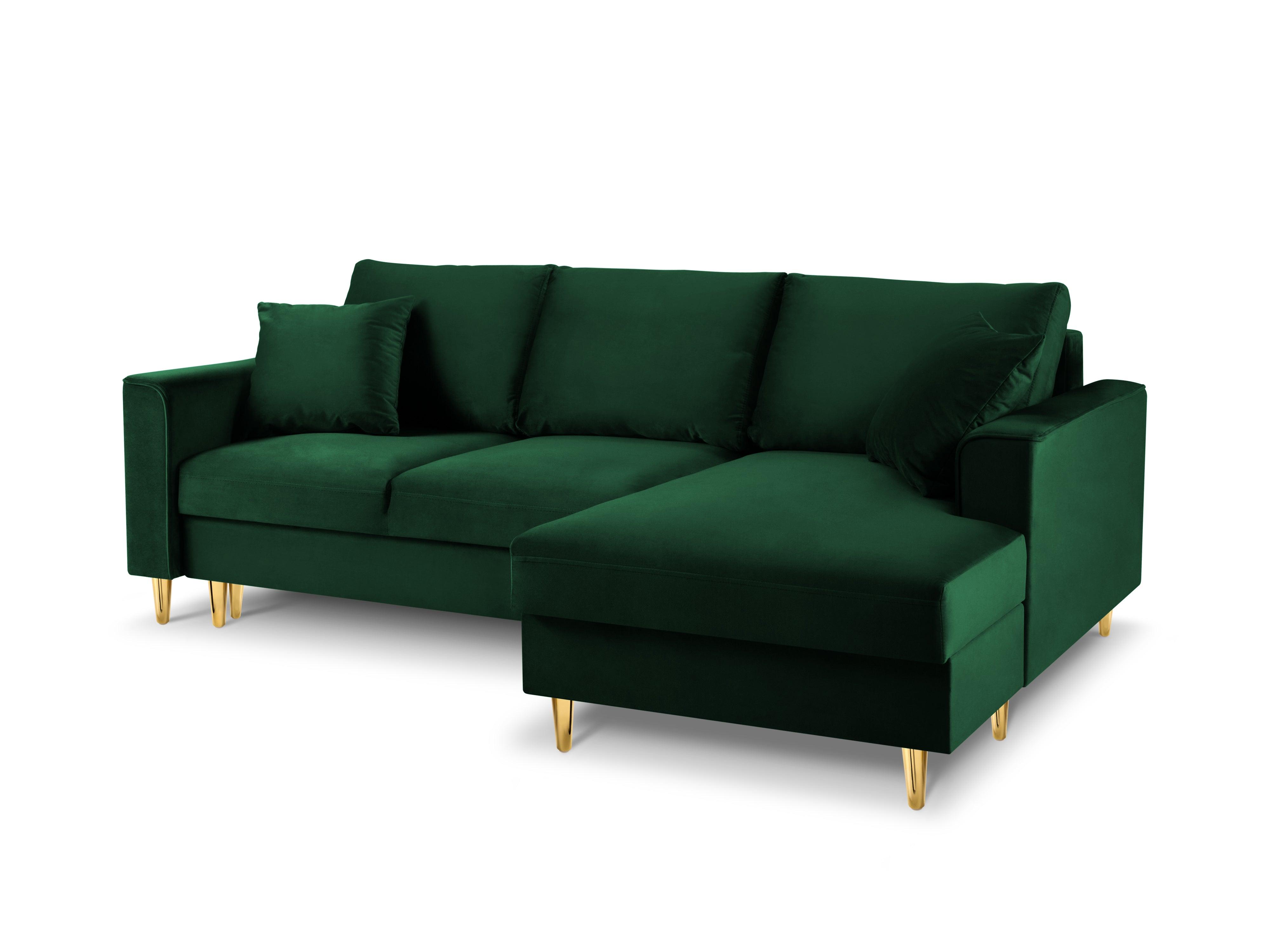Narożnik prawostronny aksamitny z funkcją spania CARTADERA butelkowa zieleń ze złotą podstawą Mazzini Sofas Eye on Design