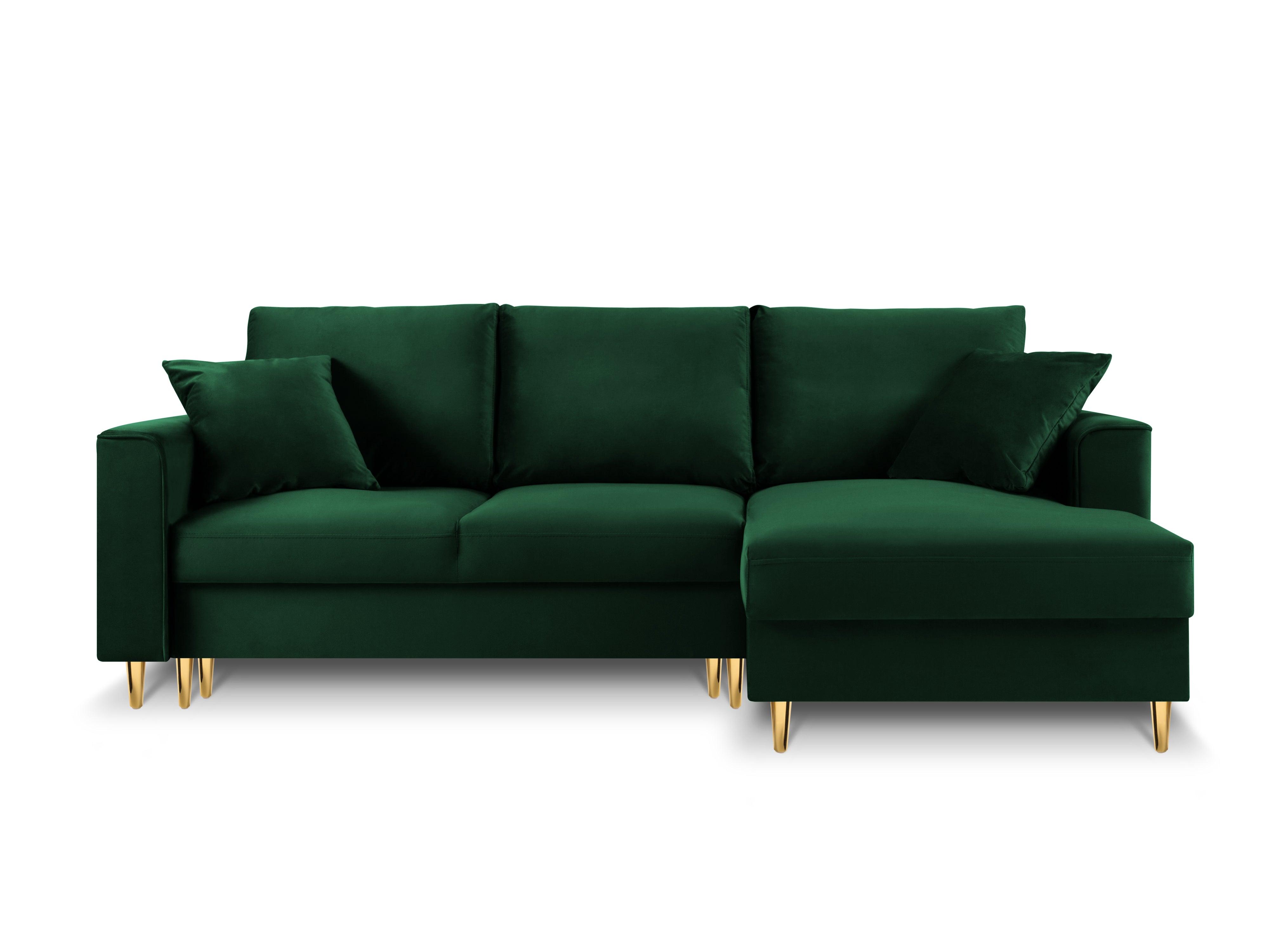 Narożnik prawostronny aksamitny z funkcją spania CARTADERA butelkowa zieleń ze złotą podstawą Mazzini Sofas Eye on Design