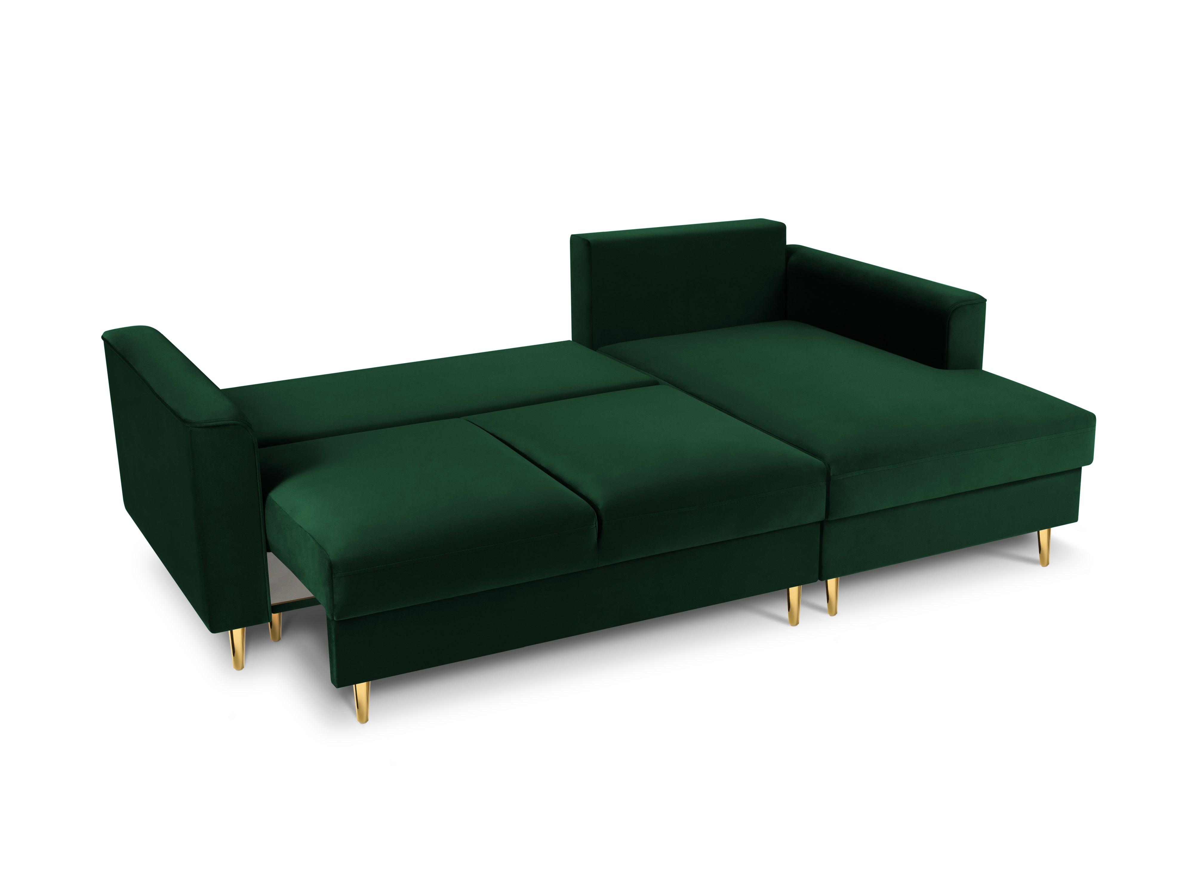 Narożnik prawostronny aksamitny z funkcją spania CARTADERA butelkowa zieleń ze złotą podstawą Mazzini Sofas Eye on Design