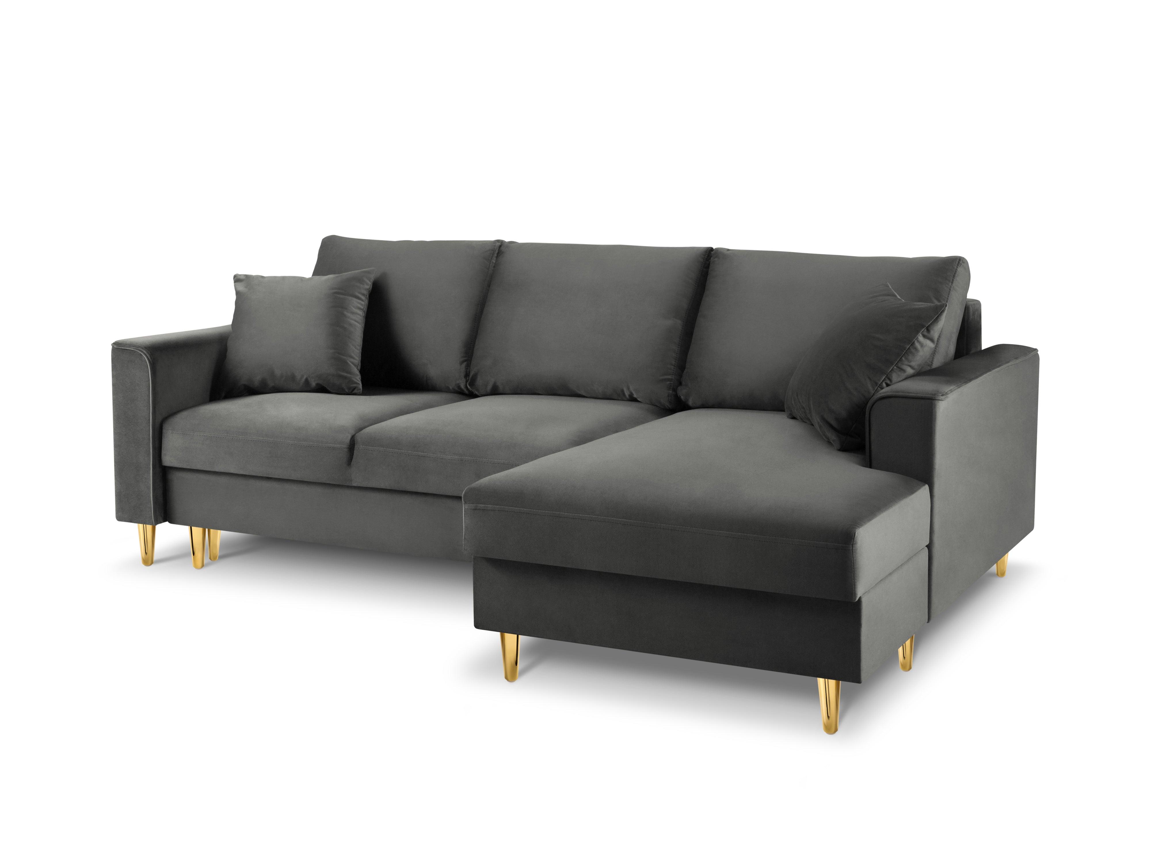Narożnik prawostronny aksamitny z funkcją spania CARTADERA ciemnoszary ze złotą podstawą Mazzini Sofas Eye on Design