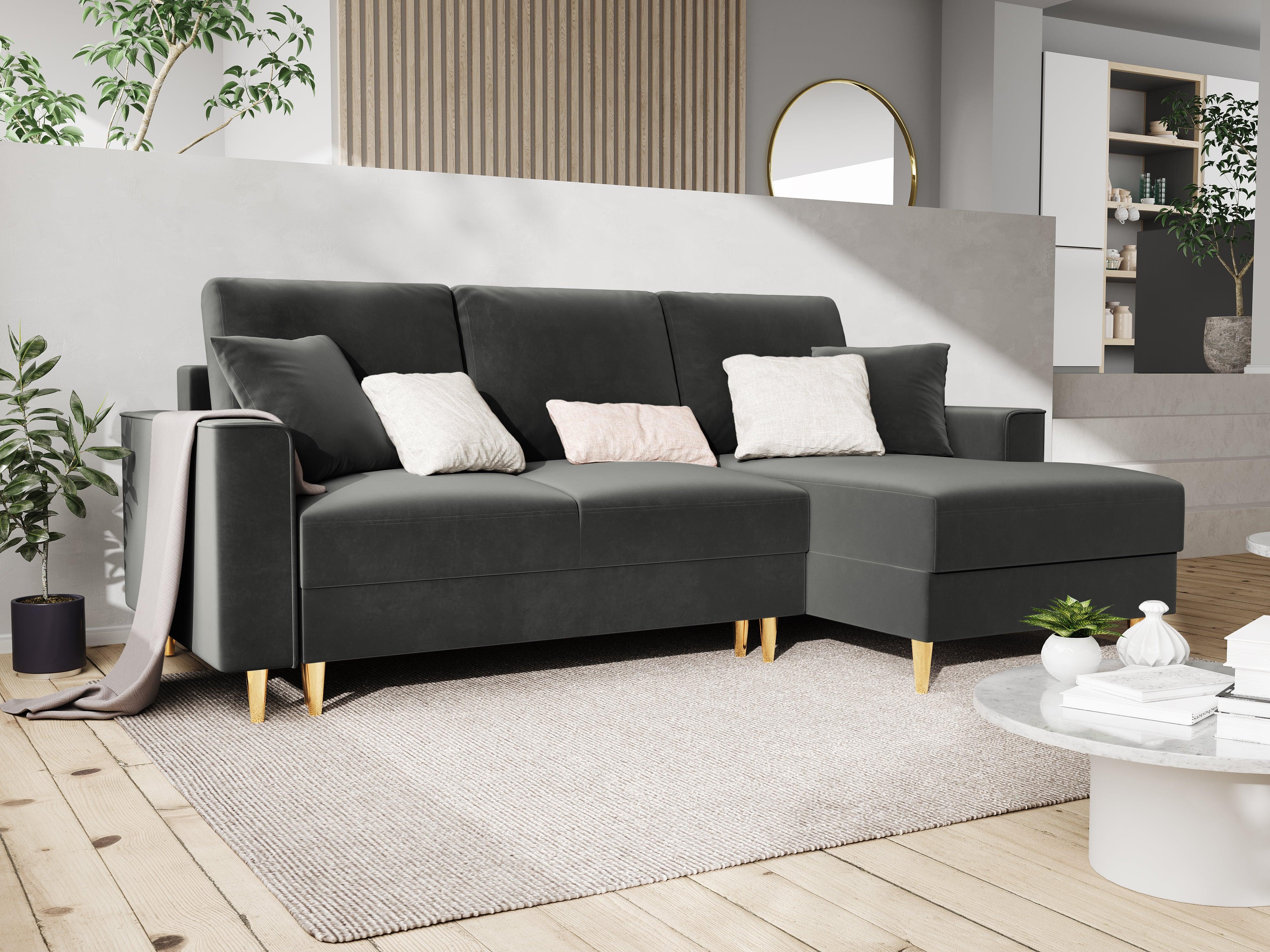 Narożnik prawostronny aksamitny z funkcją spania CARTADERA ciemnoszary ze złotą podstawą Mazzini Sofas Eye on Design