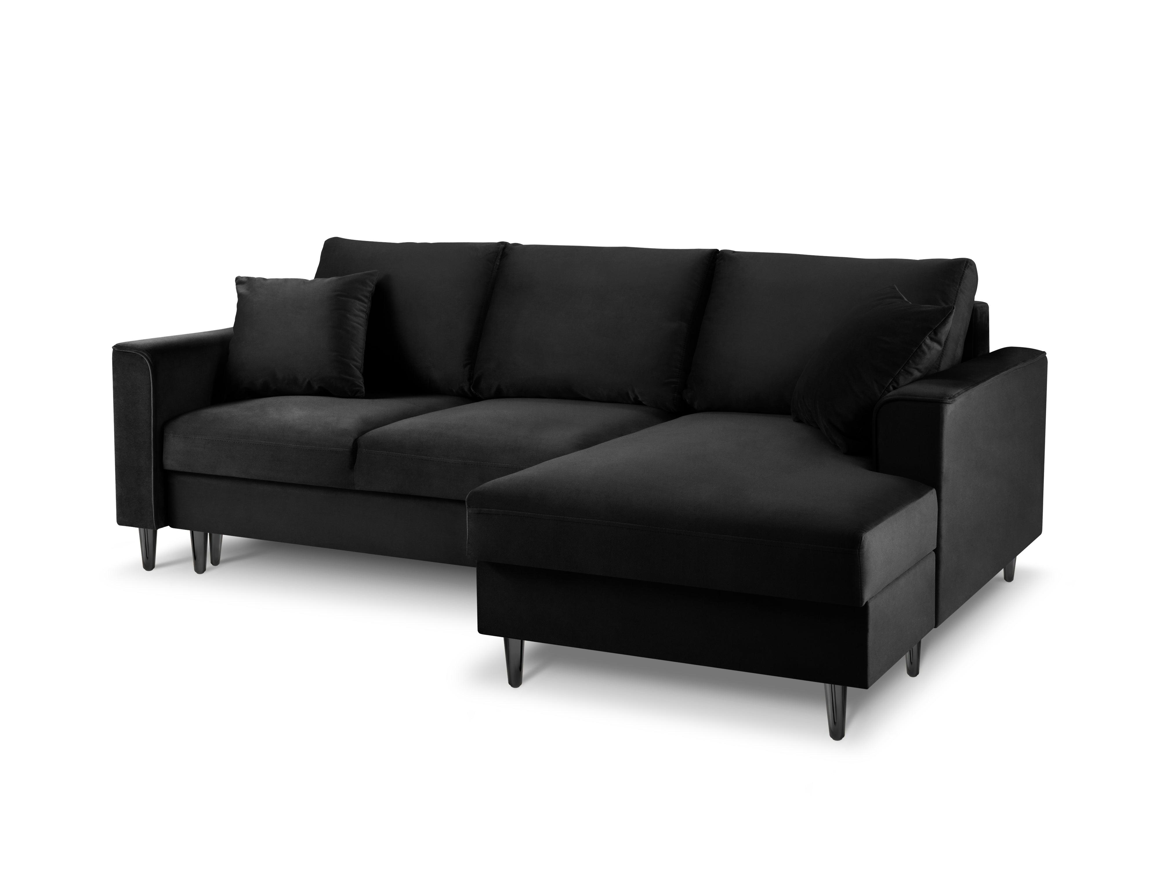 Narożnik prawostronny aksamitny z funkcją spania CARTADERA czarny z czarną podstawą Mazzini Sofas Eye on Design