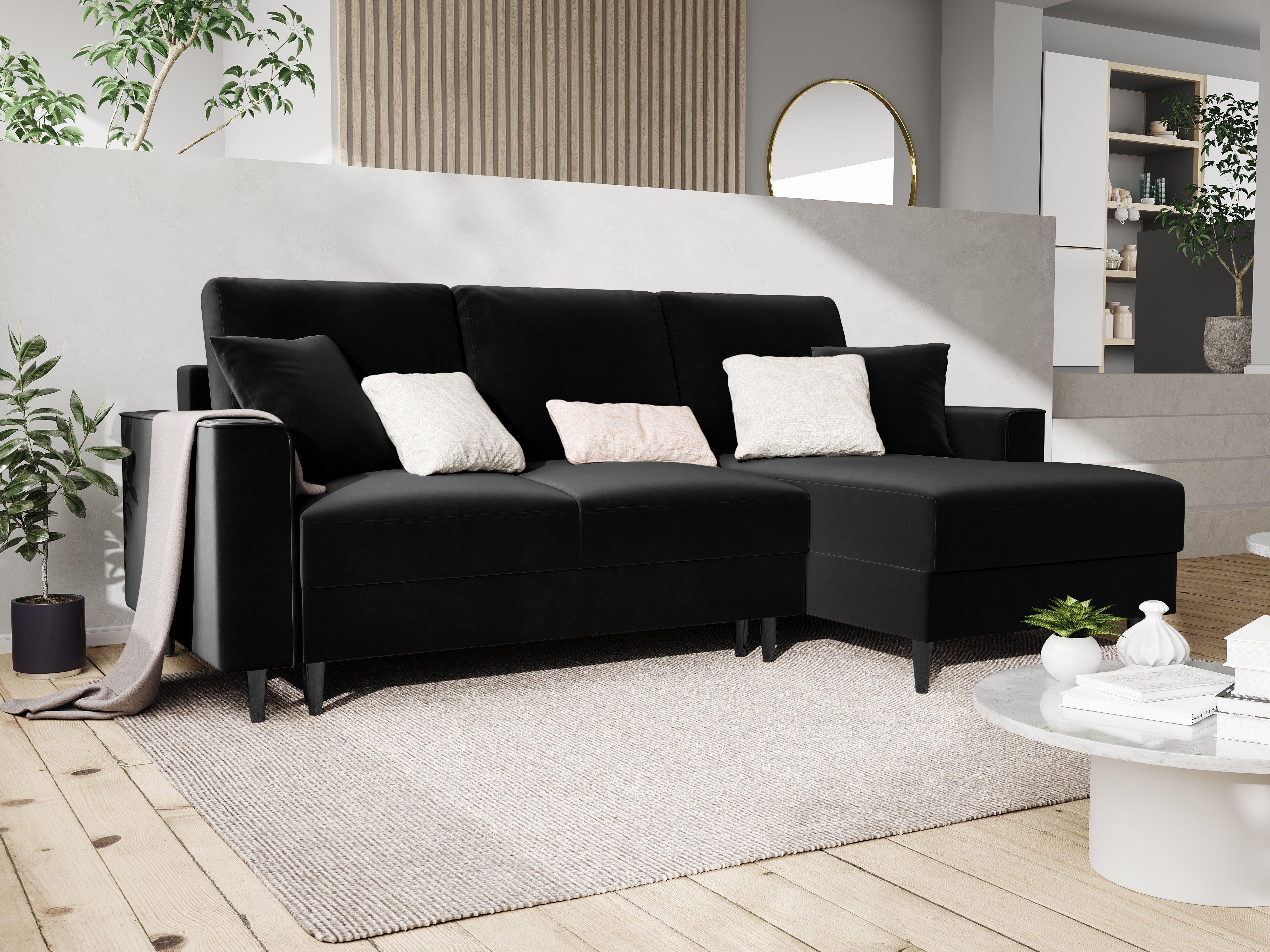 Narożnik prawostronny aksamitny z funkcją spania CARTADERA czarny z czarną podstawą Mazzini Sofas Eye on Design