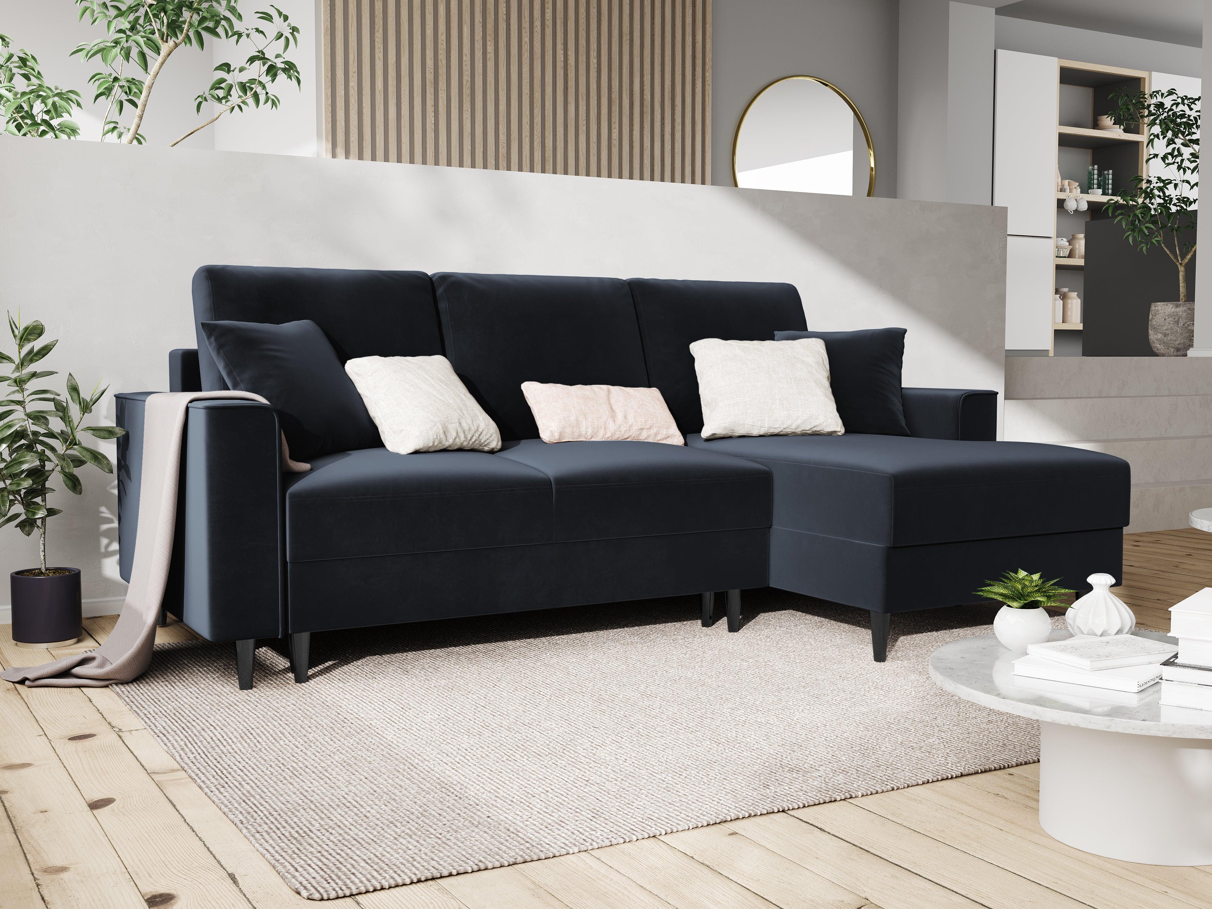 Narożnik prawostronny aksamitny z funkcją spania CARTADERA granatowy z czarną podstawą Mazzini Sofas Eye on Design