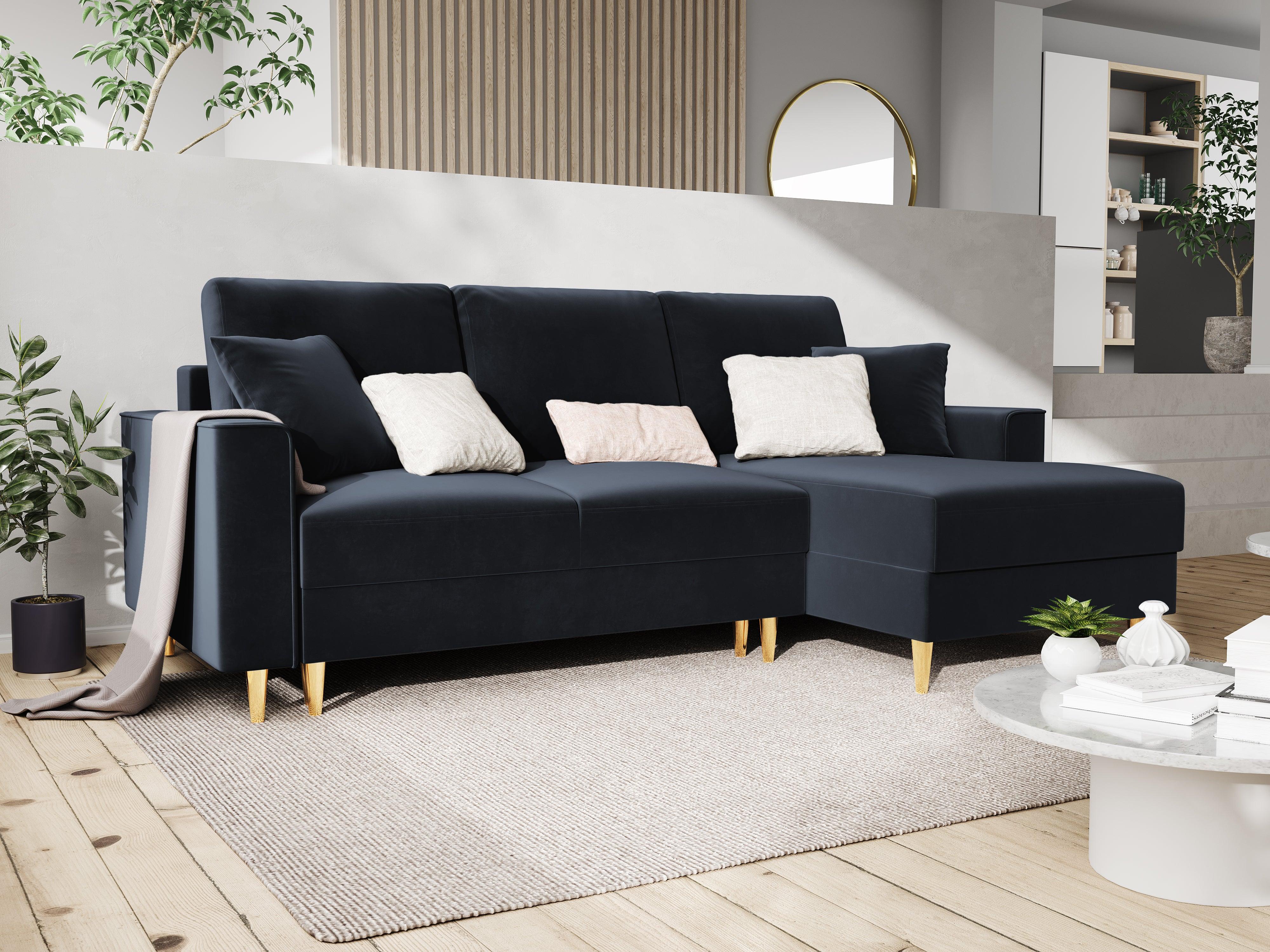 Narożnik prawostronny aksamitny z funkcją spania CARTADERA granatowy ze złotą podstawą Mazzini Sofas Eye on Design