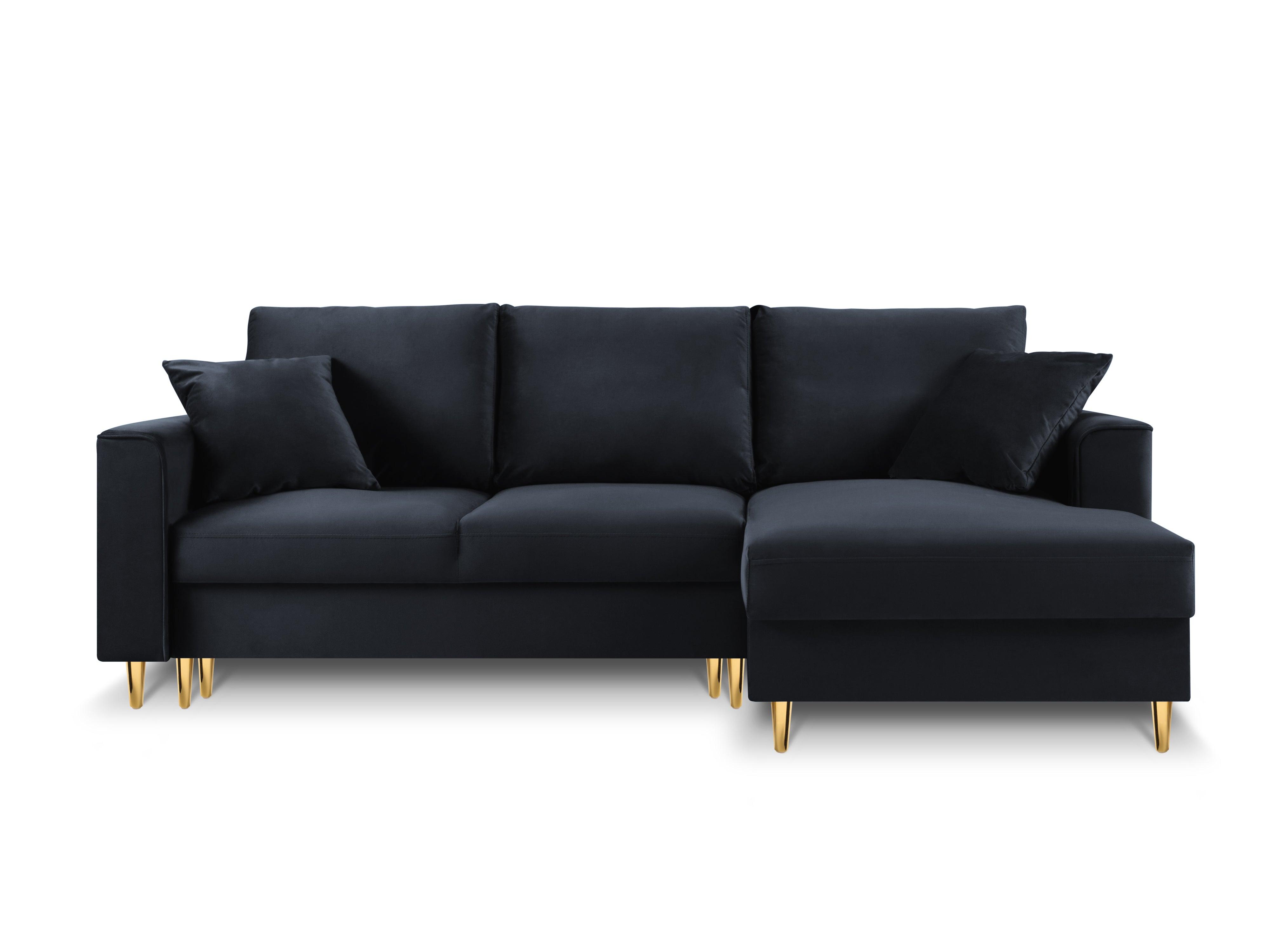 Narożnik prawostronny aksamitny z funkcją spania CARTADERA granatowy ze złotą podstawą Mazzini Sofas Eye on Design