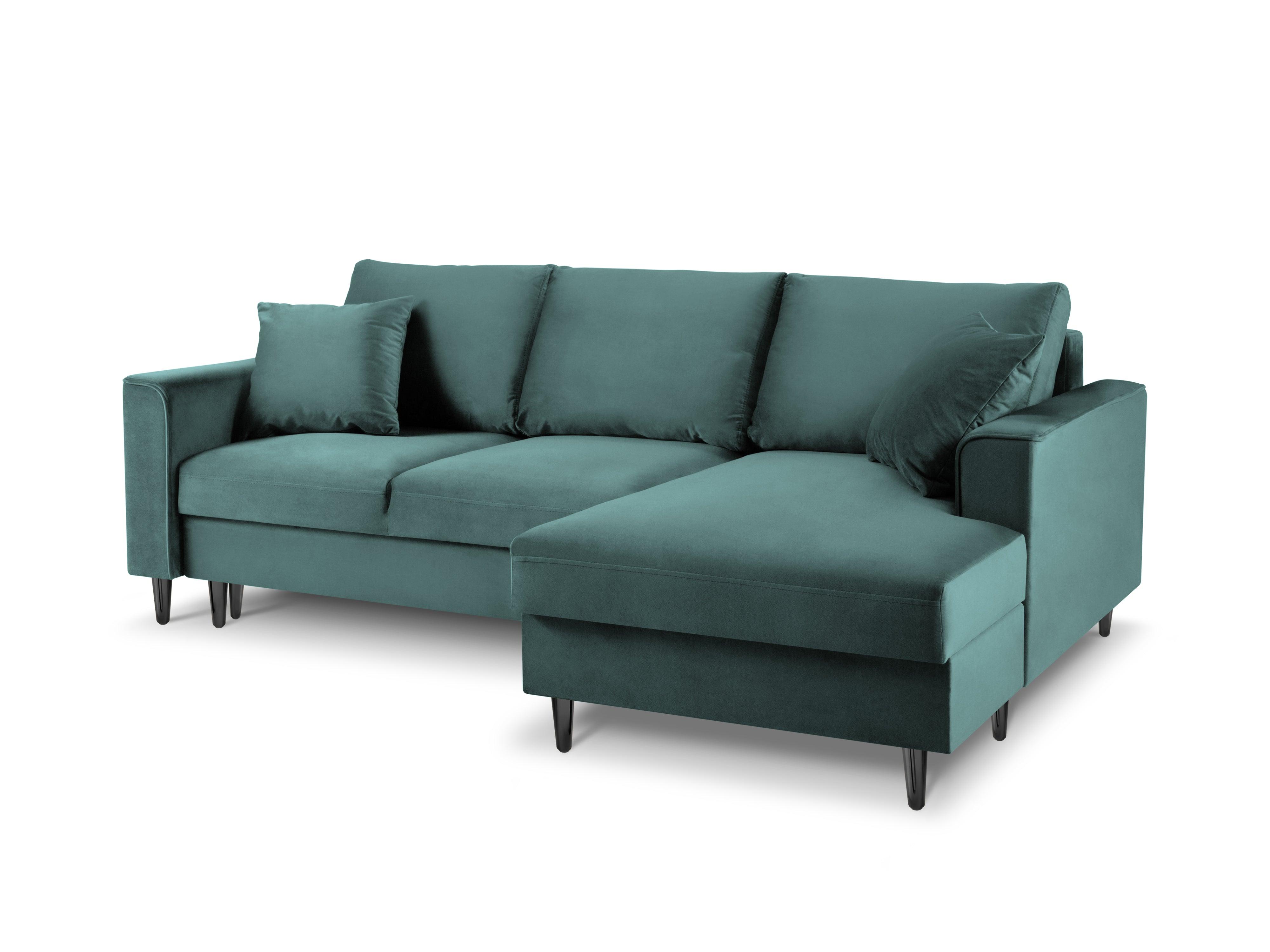 Narożnik prawostronny aksamitny z funkcją spania CARTADERA petrol z czarną podstawą Mazzini Sofas Eye on Design