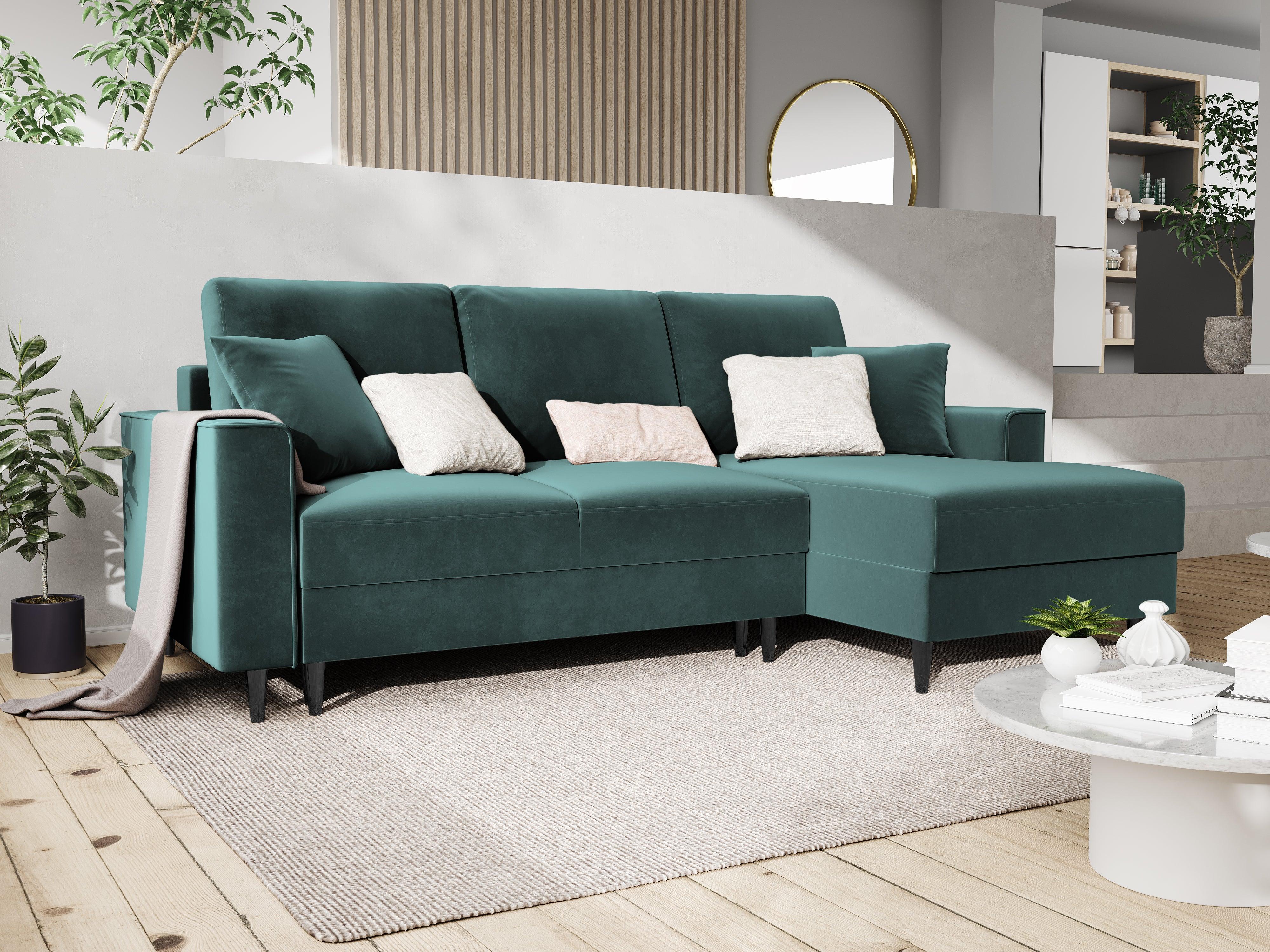 Narożnik prawostronny aksamitny z funkcją spania CARTADERA petrol z czarną podstawą Mazzini Sofas Eye on Design