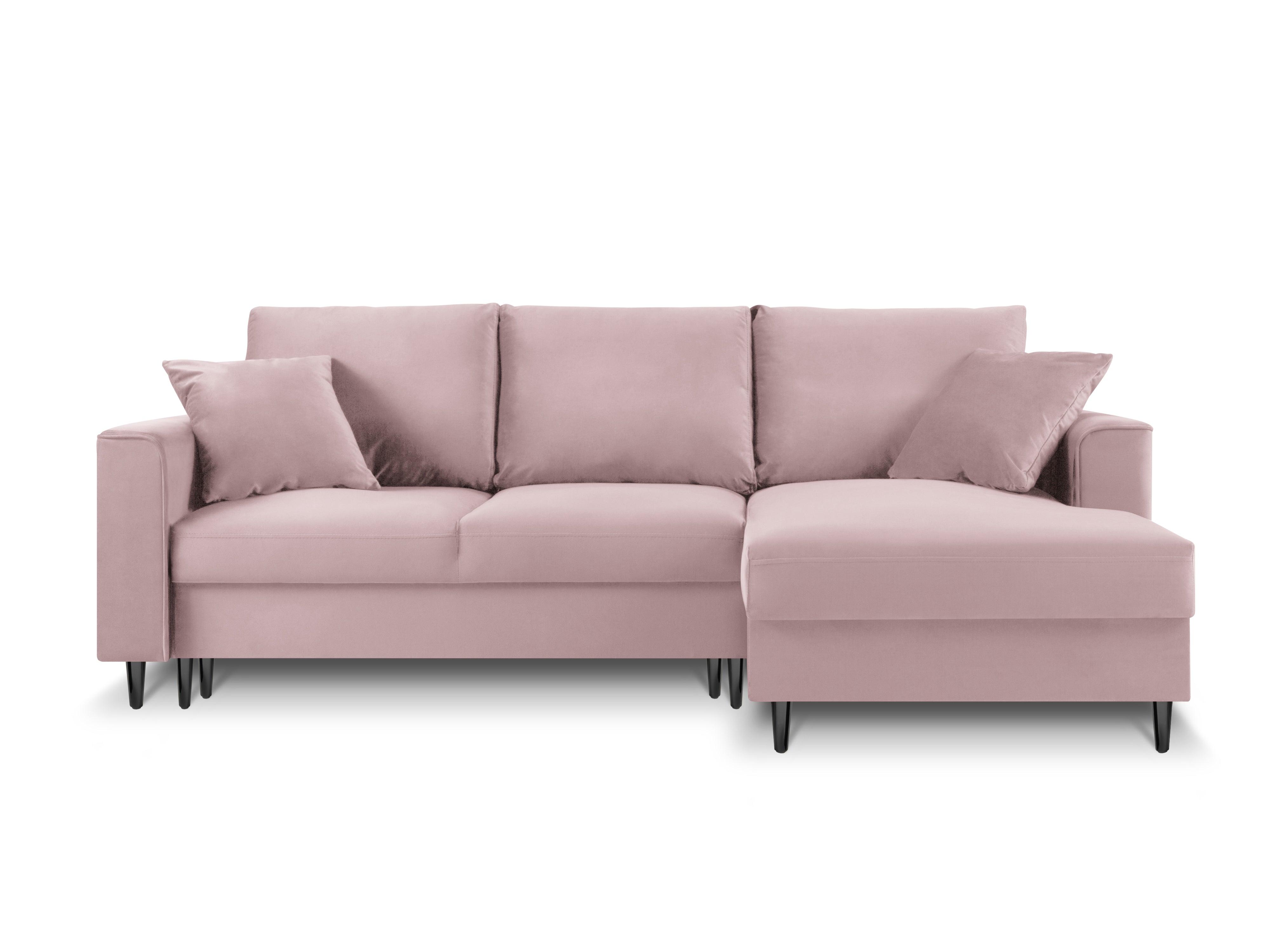 Narożnik prawostronny aksamitny z funkcją spania CARTADERA pudrowy róż z czarną podstawą Mazzini Sofas Eye on Design