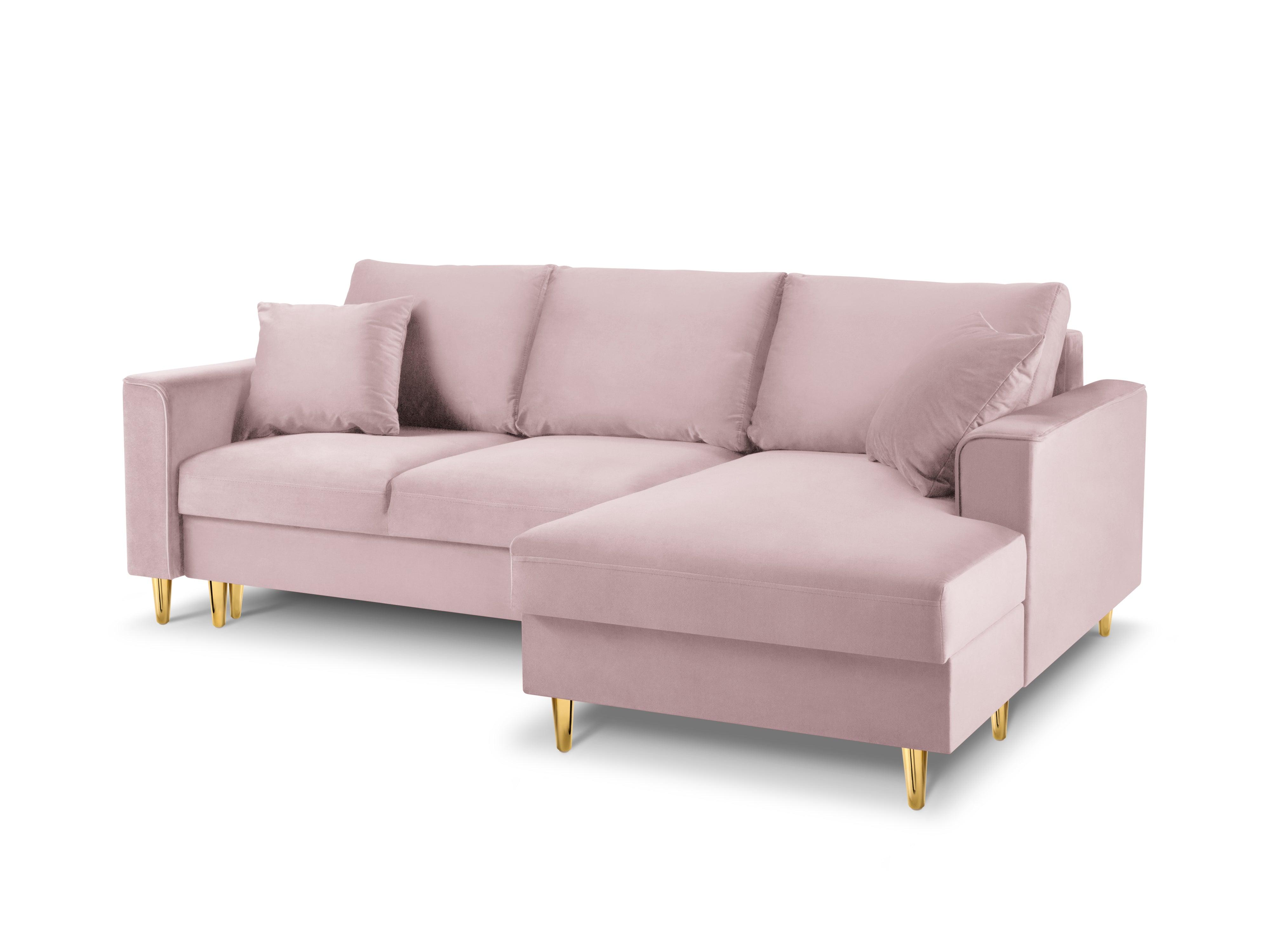 Narożnik prawostronny aksamitny z funkcją spania CARTADERA pudrowy róż ze złotą podstawą Mazzini Sofas Eye on Design