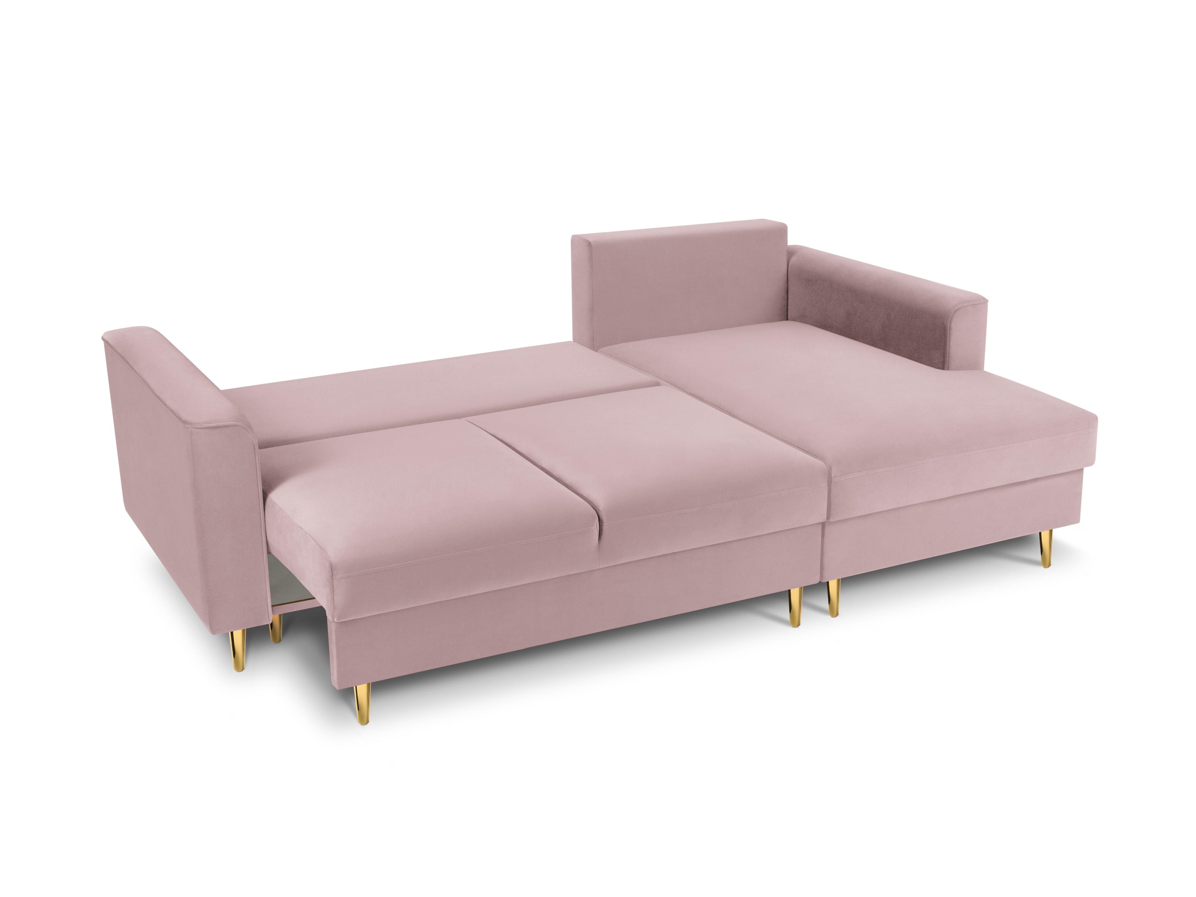 Narożnik prawostronny aksamitny z funkcją spania CARTADERA pudrowy róż ze złotą podstawą Mazzini Sofas Eye on Design