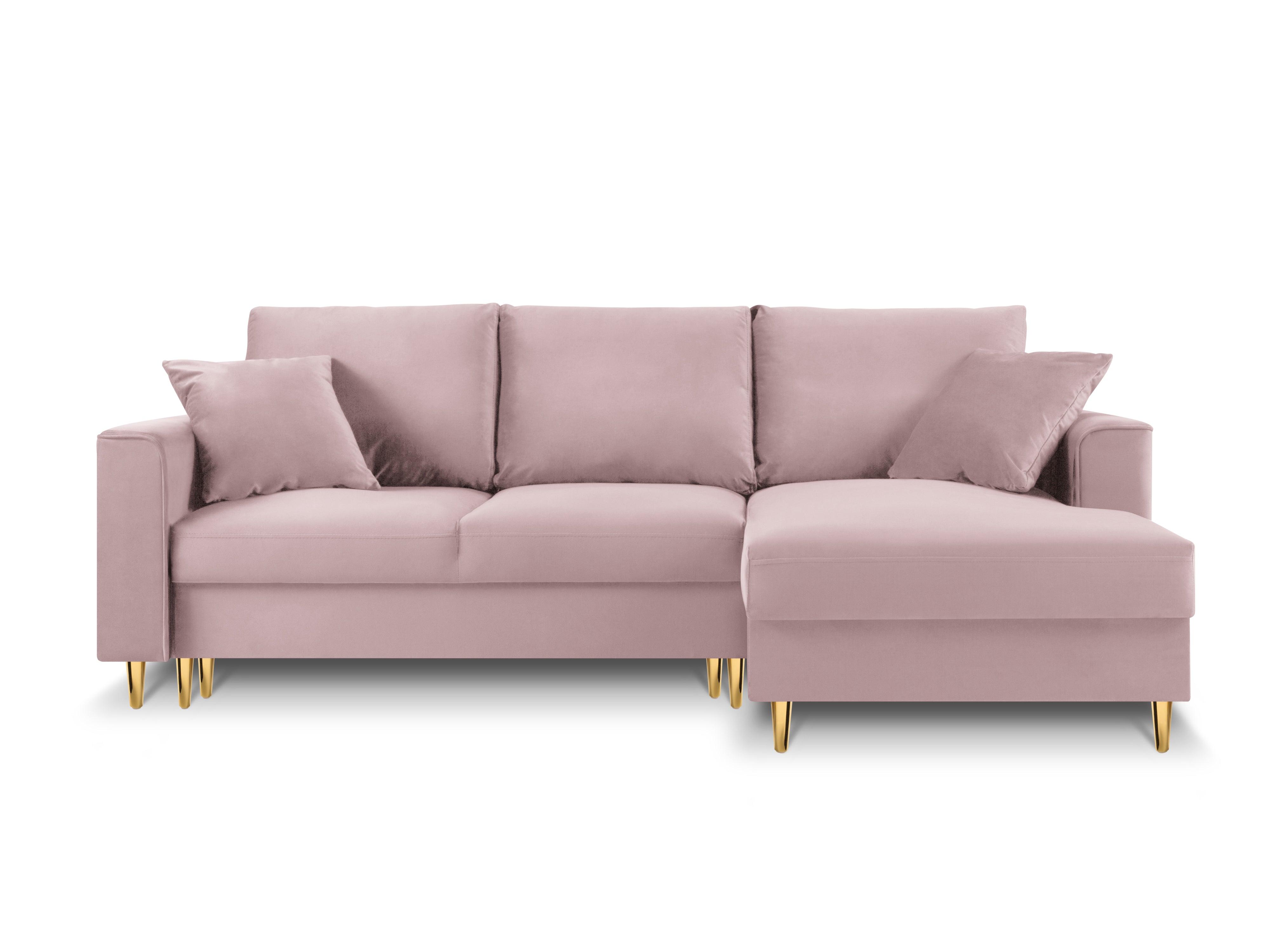 Narożnik prawostronny aksamitny z funkcją spania CARTADERA pudrowy róż ze złotą podstawą Mazzini Sofas Eye on Design
