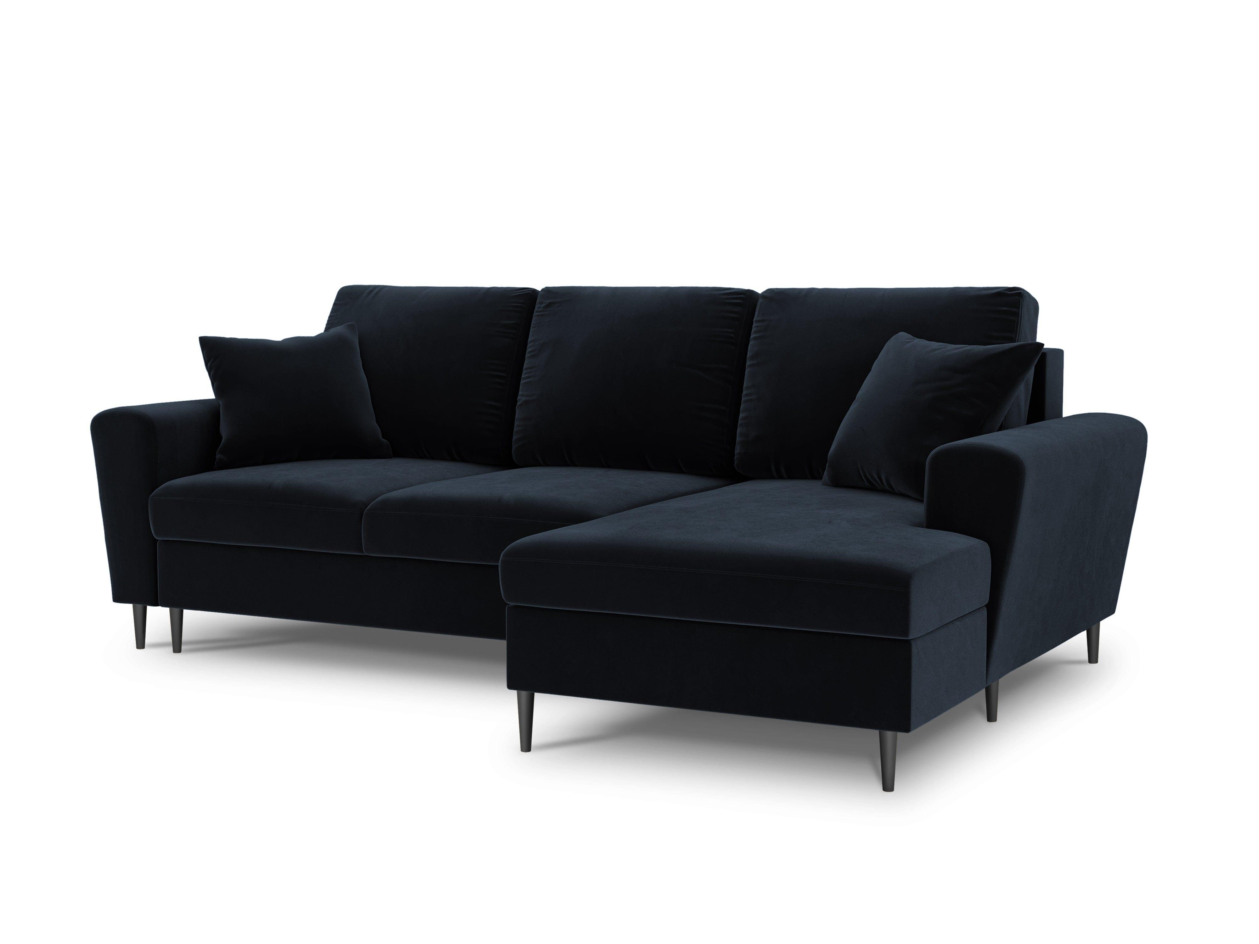 Narożnik prawostronny aksamitny z funkcją spania KYOTO ciemnoniebieski z czarną podstawą Cosmopolitan Design Eye on Design