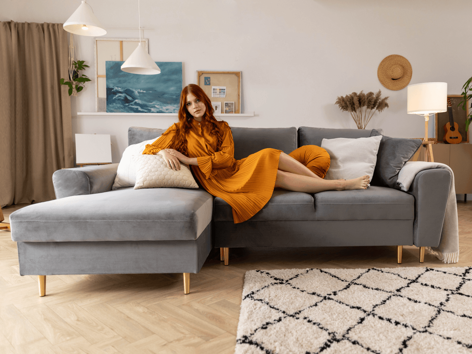 Narożnik prawostronny aksamitny z funkcją spania KYOTO czarny z czarną podstawą Cosmopolitan Design Eye on Design