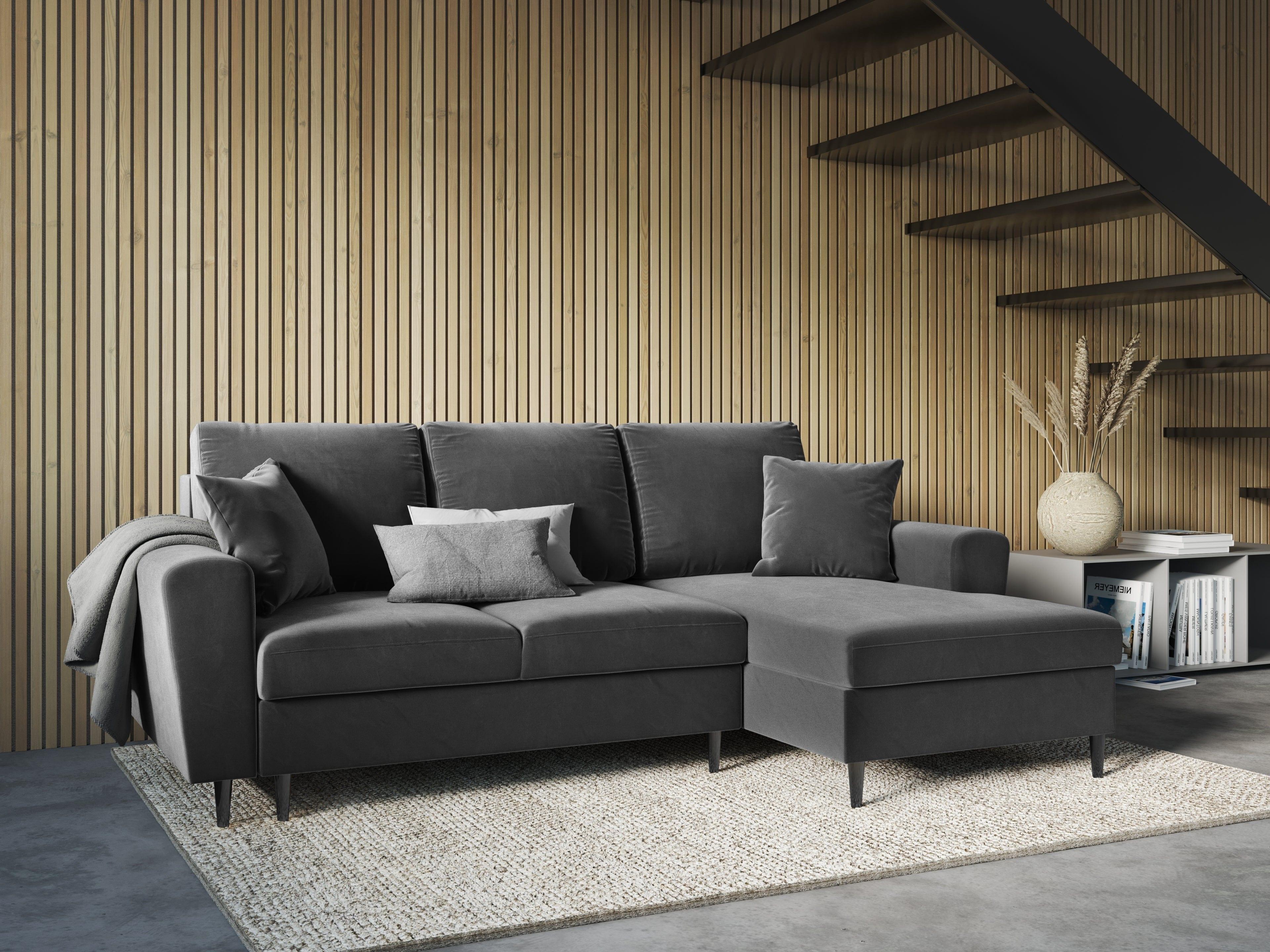 Narożnik prawostronny aksamitny z funkcją spania KYOTO jasnoszary z czarną podstawą Cosmopolitan Design Eye on Design