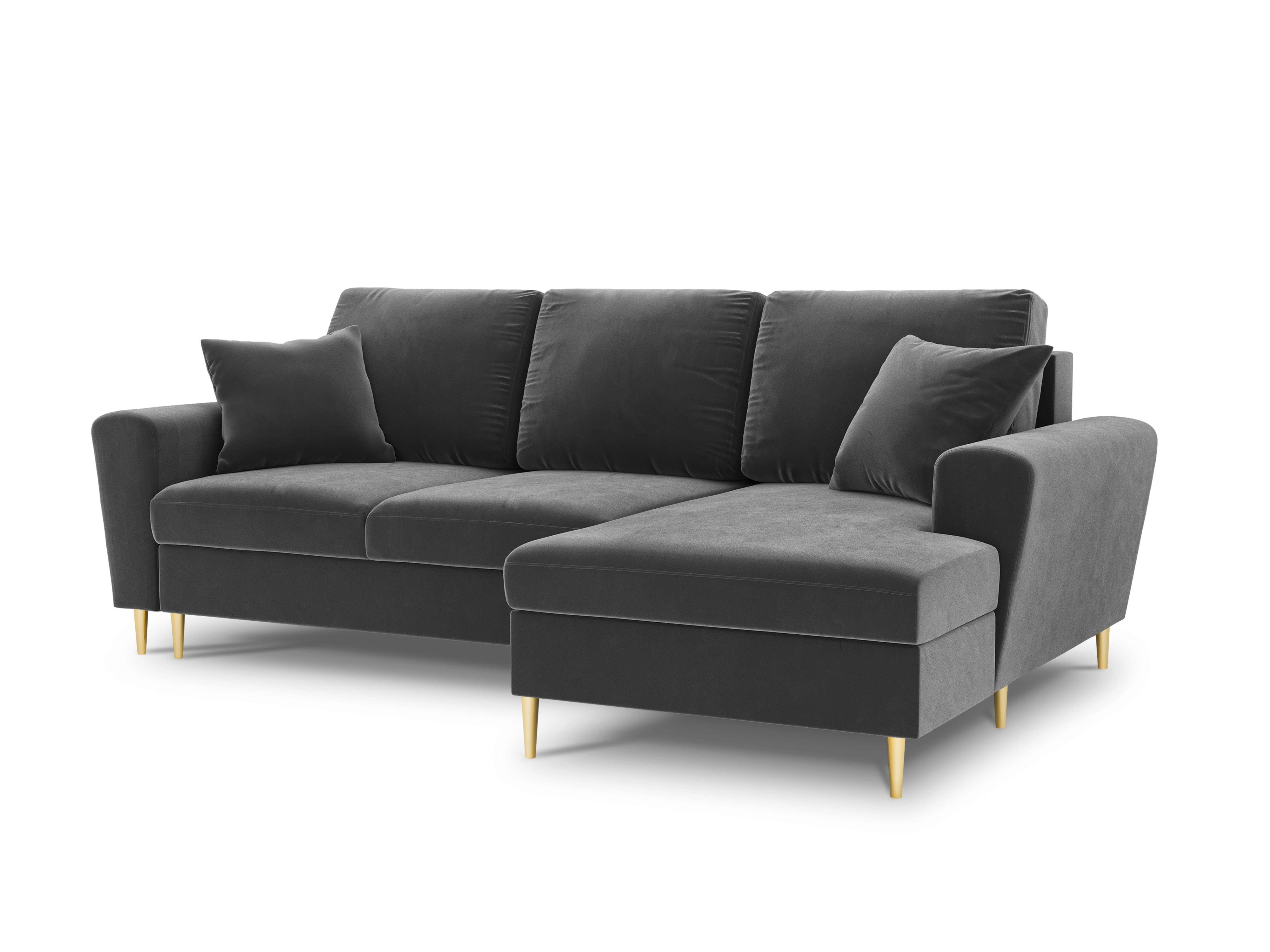 Narożnik prawostronny aksamitny z funkcją spania KYOTO jasnoszary ze złotą podstawą Cosmopolitan Design Eye on Design