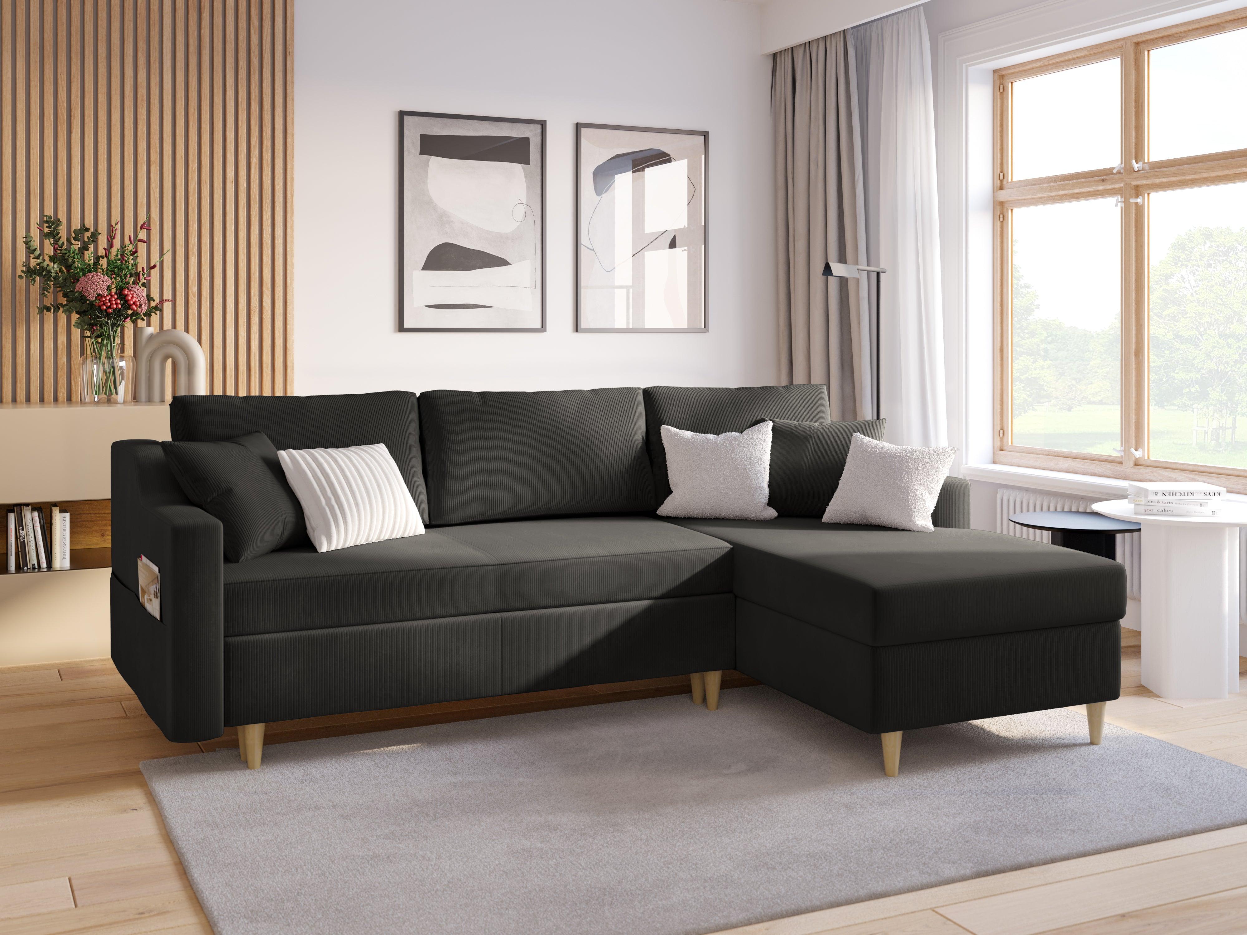 Narożnik prawostronny sztruksowy z funkcją spania ROSE ciemnoszary Mazzini Sofas Eye on Design