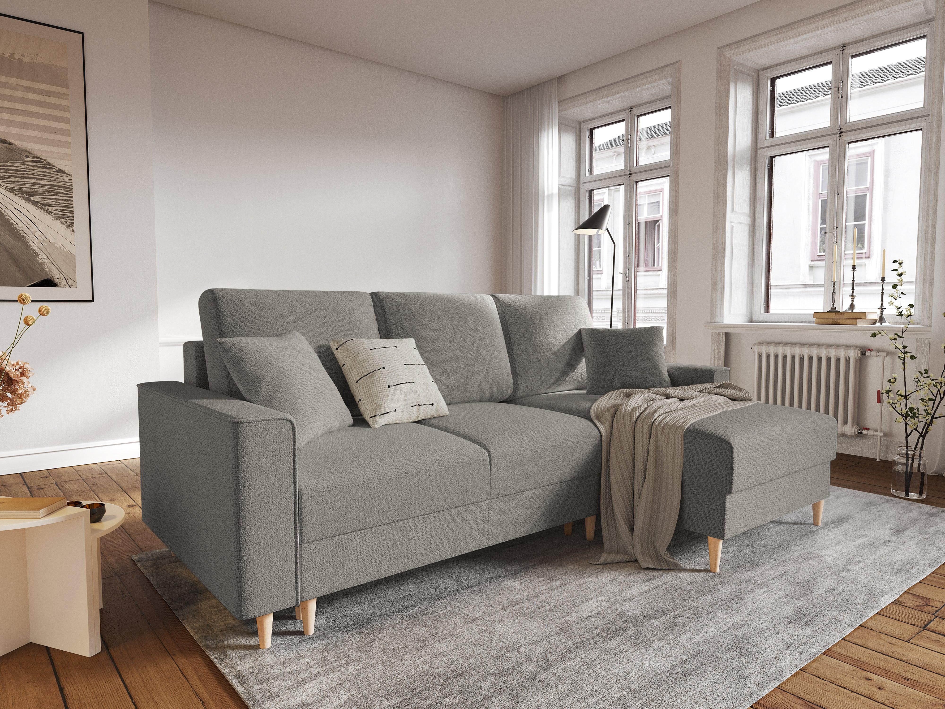 Narożnik prawostronny w tkaninie boucle z funkcją spania CARTADERA szary Mazzini Sofas Eye on Design