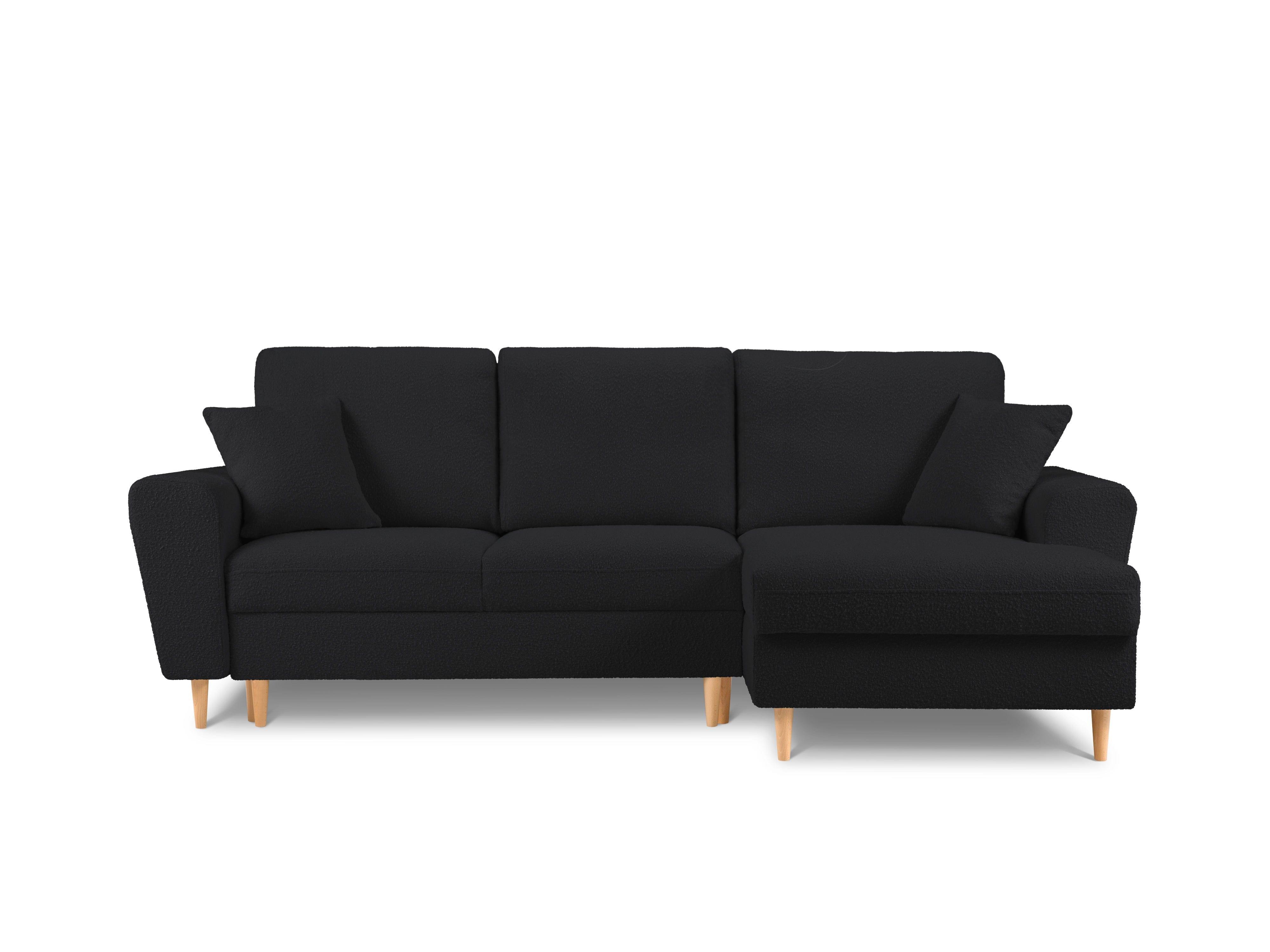 Narożnik prawostronny z funkcją spania KYOTO czarny bouclé z drewnianą podstawą Cosmopolitan Design Eye on Design