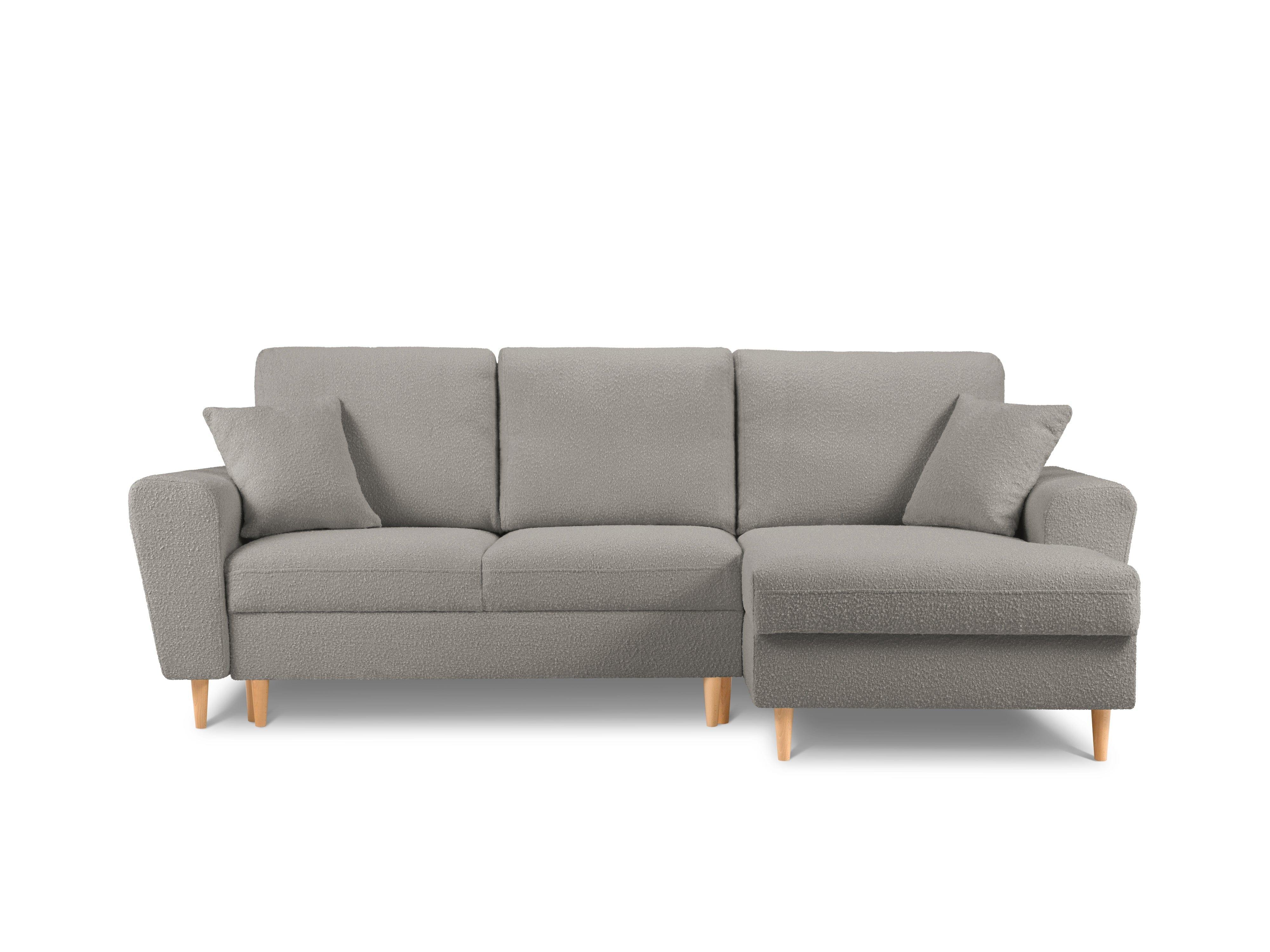Narożnik prawostronny z funkcją spania KYOTO szary bouclé z drewnianą podstawą Cosmopolitan Design Eye on Design