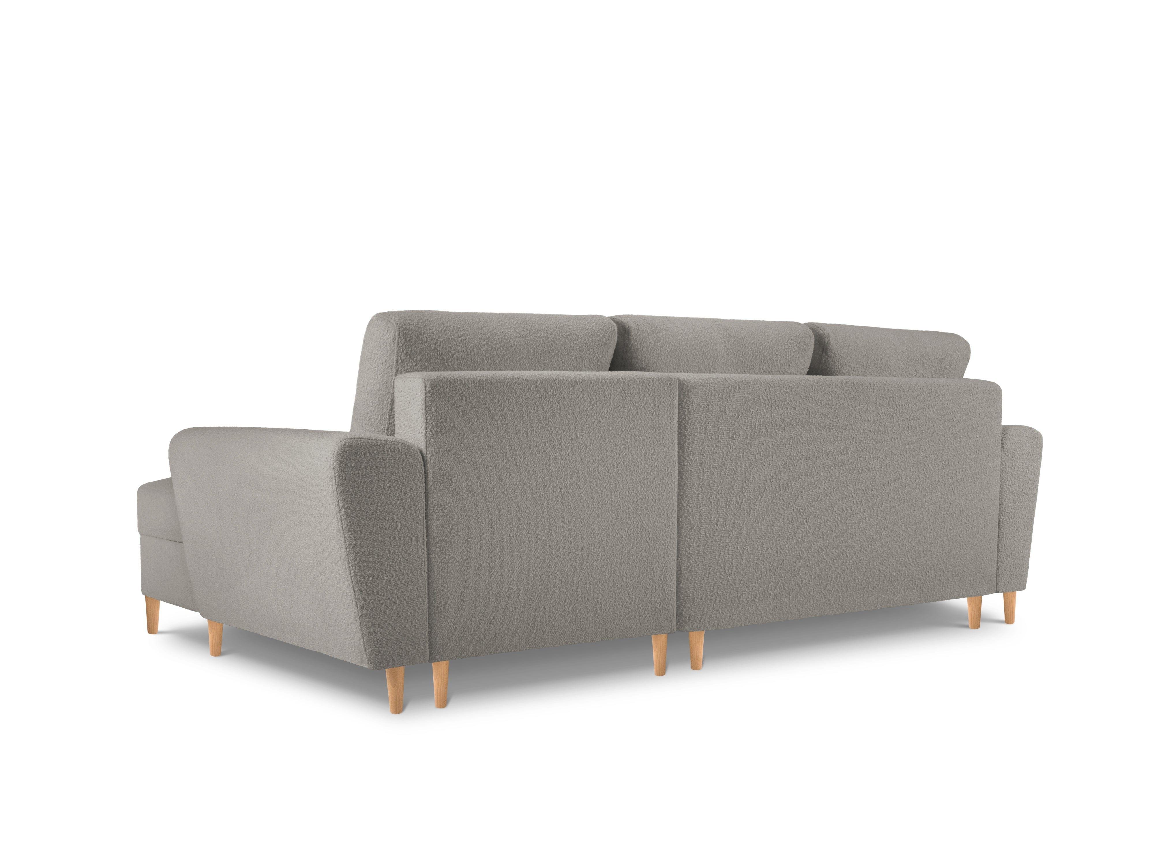 Narożnik prawostronny z funkcją spania KYOTO szary bouclé z drewnianą podstawą Cosmopolitan Design Eye on Design