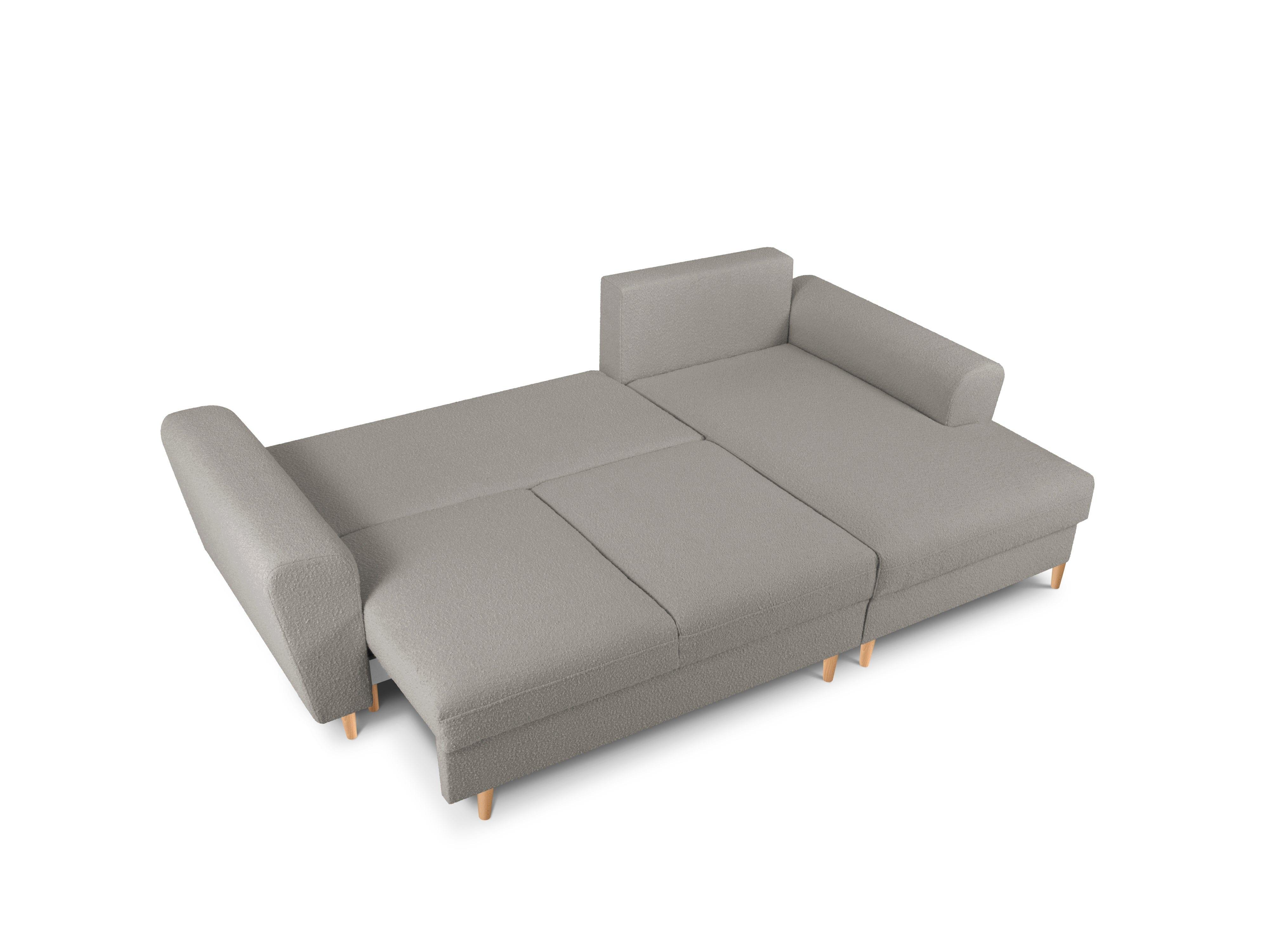Narożnik prawostronny z funkcją spania KYOTO szary bouclé z drewnianą podstawą Cosmopolitan Design Eye on Design