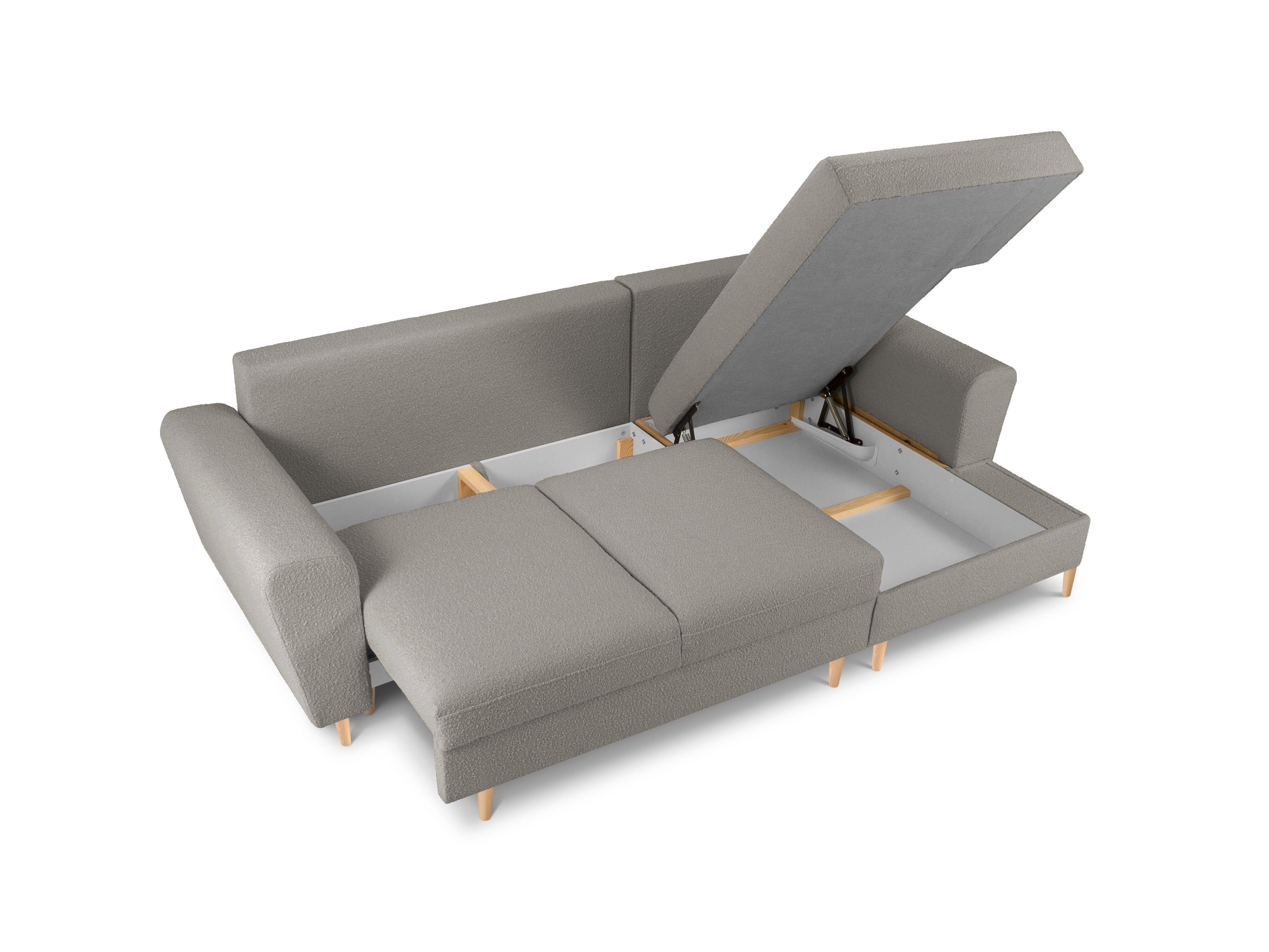 Narożnik prawostronny z funkcją spania KYOTO szary bouclé z drewnianą podstawą Cosmopolitan Design Eye on Design