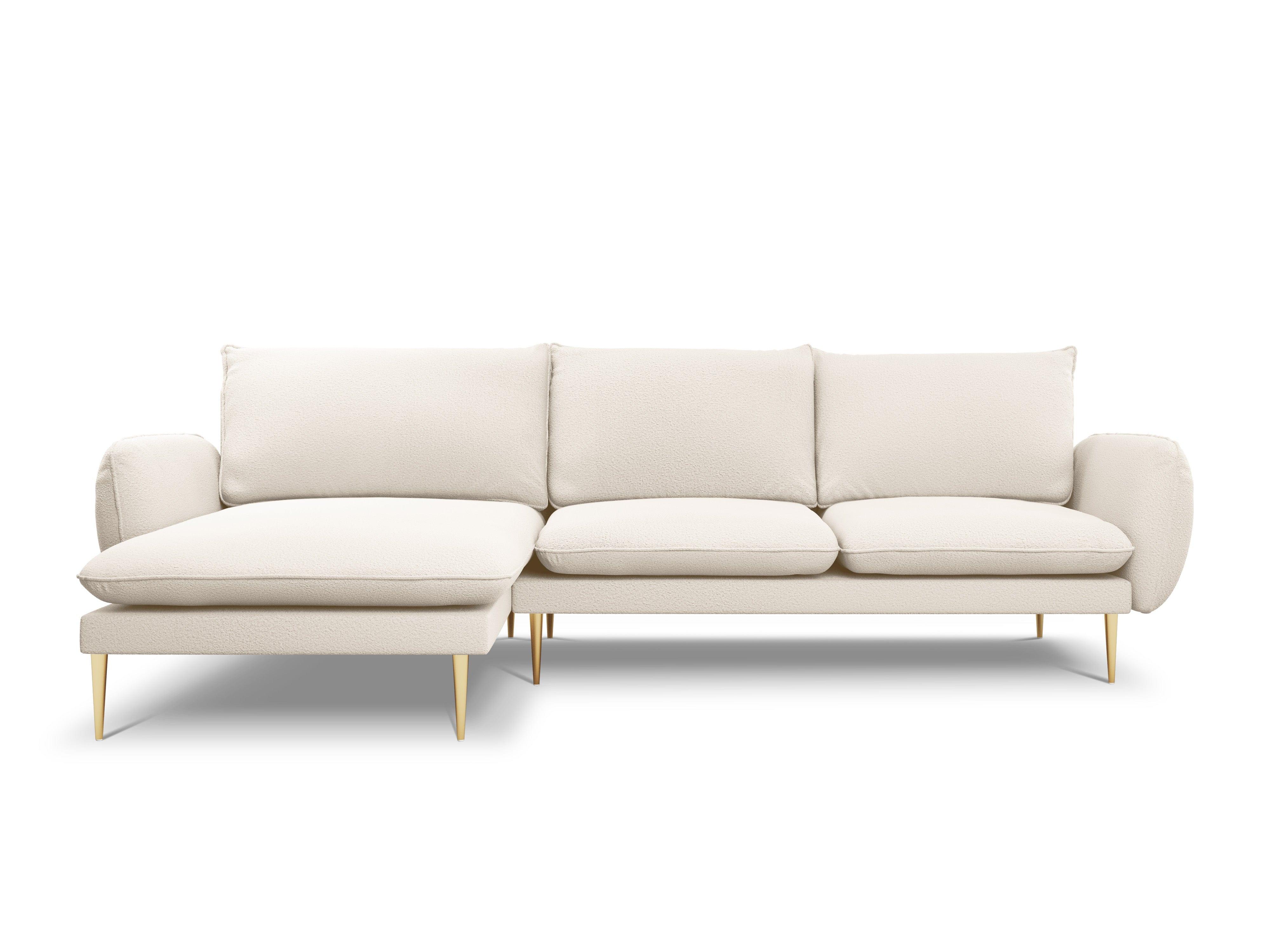 Narożnik w tkaninie boucle lewostronny VIENNA beżowy ze złotą podstawą Cosmopolitan Design Eye on Design
